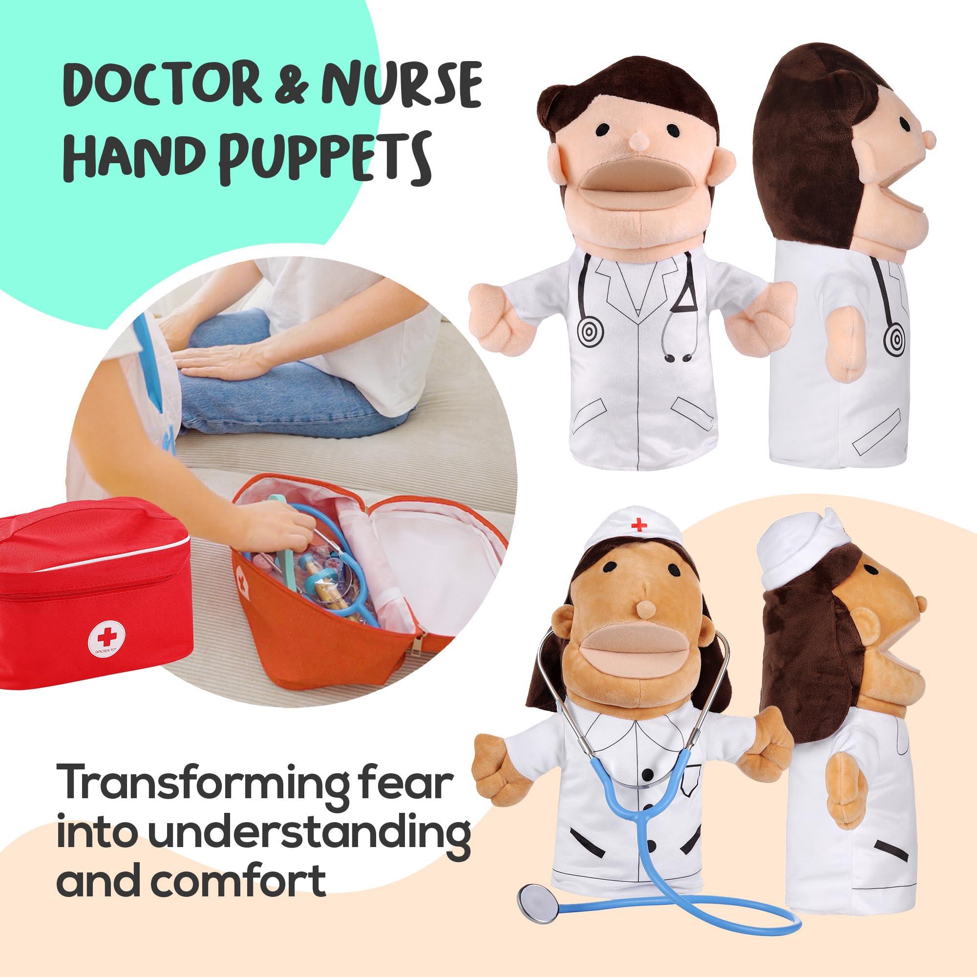BETTERLINE Pretend Toy Medical Kit with Doctor & Nurse Hand Puppets - Eases Fear for Kids, Educational Roleplay Toy for Toddlers & 3+ Toys for Girls Boys, Pretend Playset, Kids Doctor Set