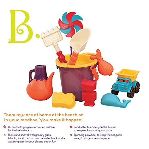 Branford LTD B. toys B. Ready Beach Bag Water Play- Beach Tote with Mesh Panel and 11 Funky Sand Toys 18 m+, Purple Bucket