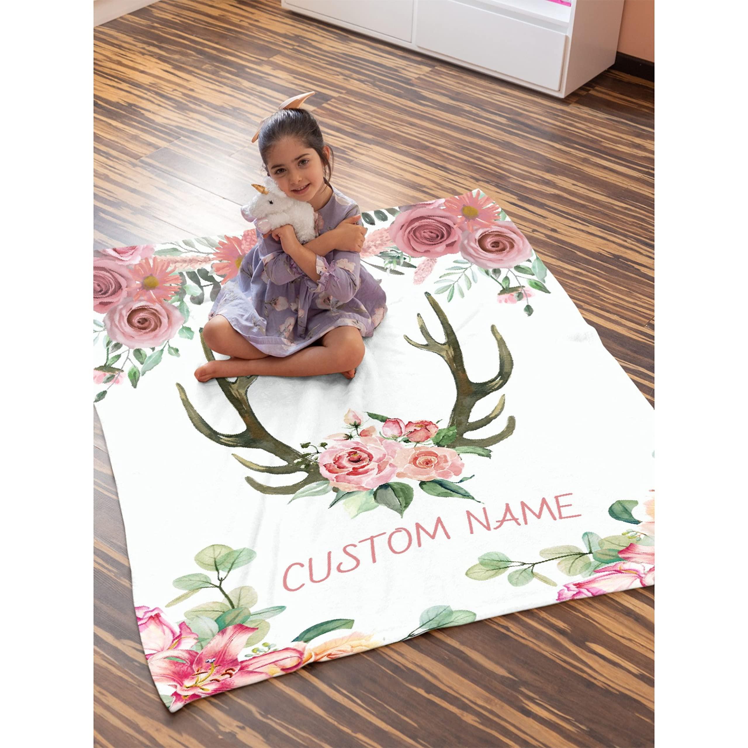 Bhaisajyaguru Personalized Custom Baby Blanket with Name Deer Horns Floral Pink Customized Fleece Blanket for Girls Boys Children Kid Baby Shower Birthday Gift for Daughter Granddaughter Niece 80"x60" for Adult