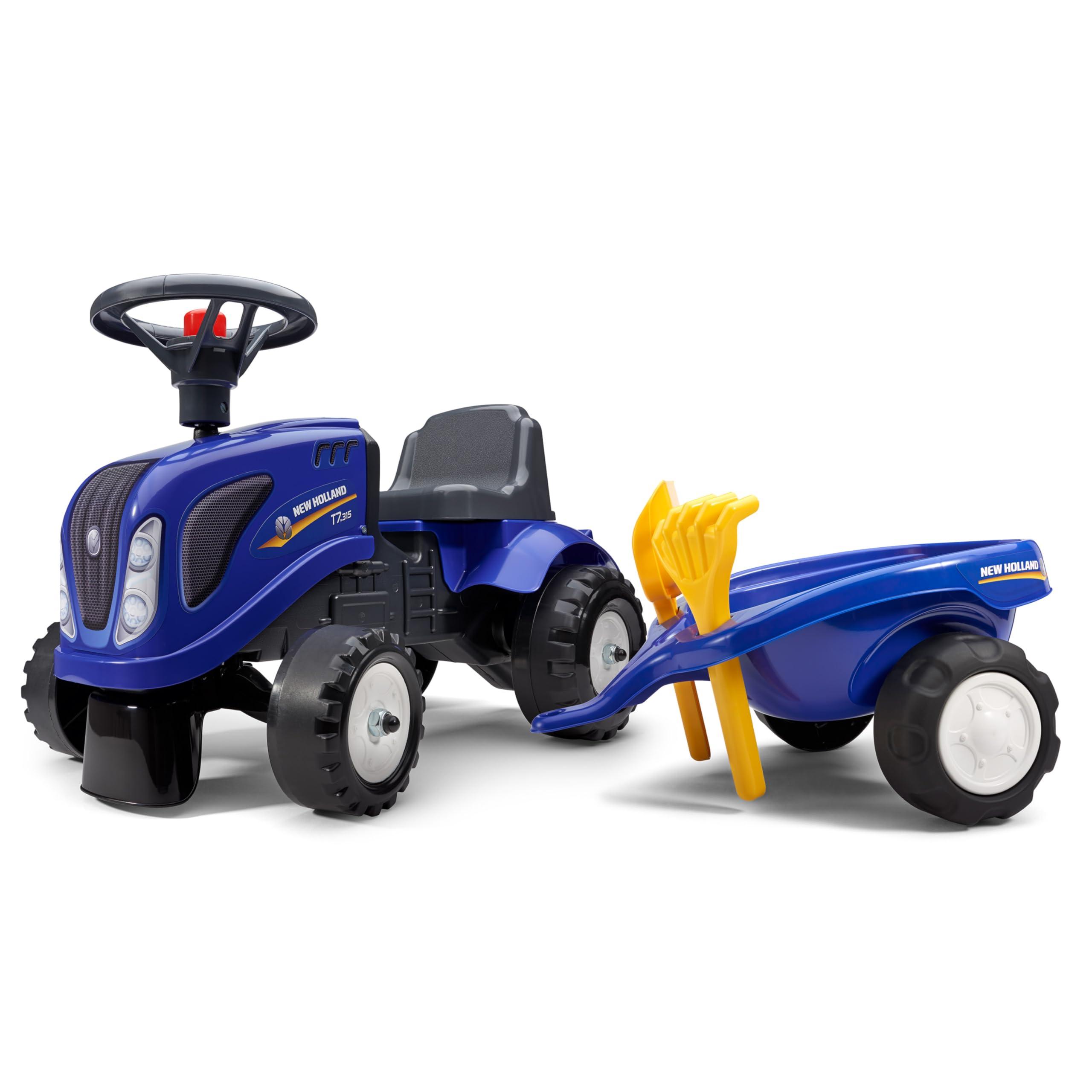 Falk Falk New Holland Tractor with Trailer, Rake and Shovel, 2 Sets of Stickers, Push Ride-On Toy for Toddlers +1 Year FA280C