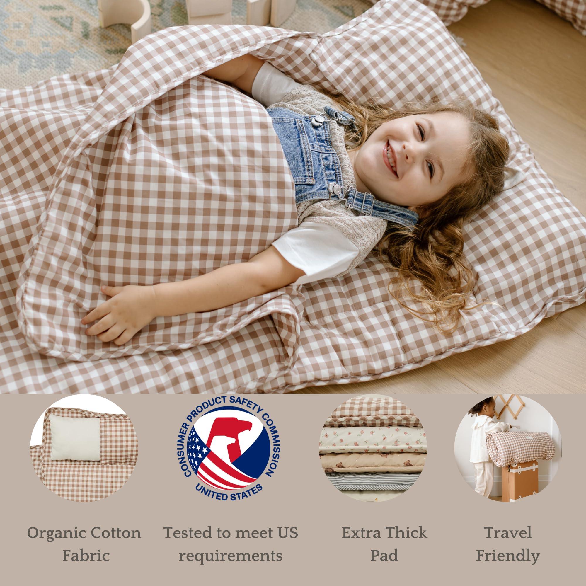 bloomere Organic Toddler Nap Mat - 100% Cotton Fabric Sleeping Mat - Sleeping Bag for Kids - Removable Pillow and Blanket 1.5 Thick Pad - Ideal for Home, Daycare, Preschool & Sleepovers. (Brown Gingham)