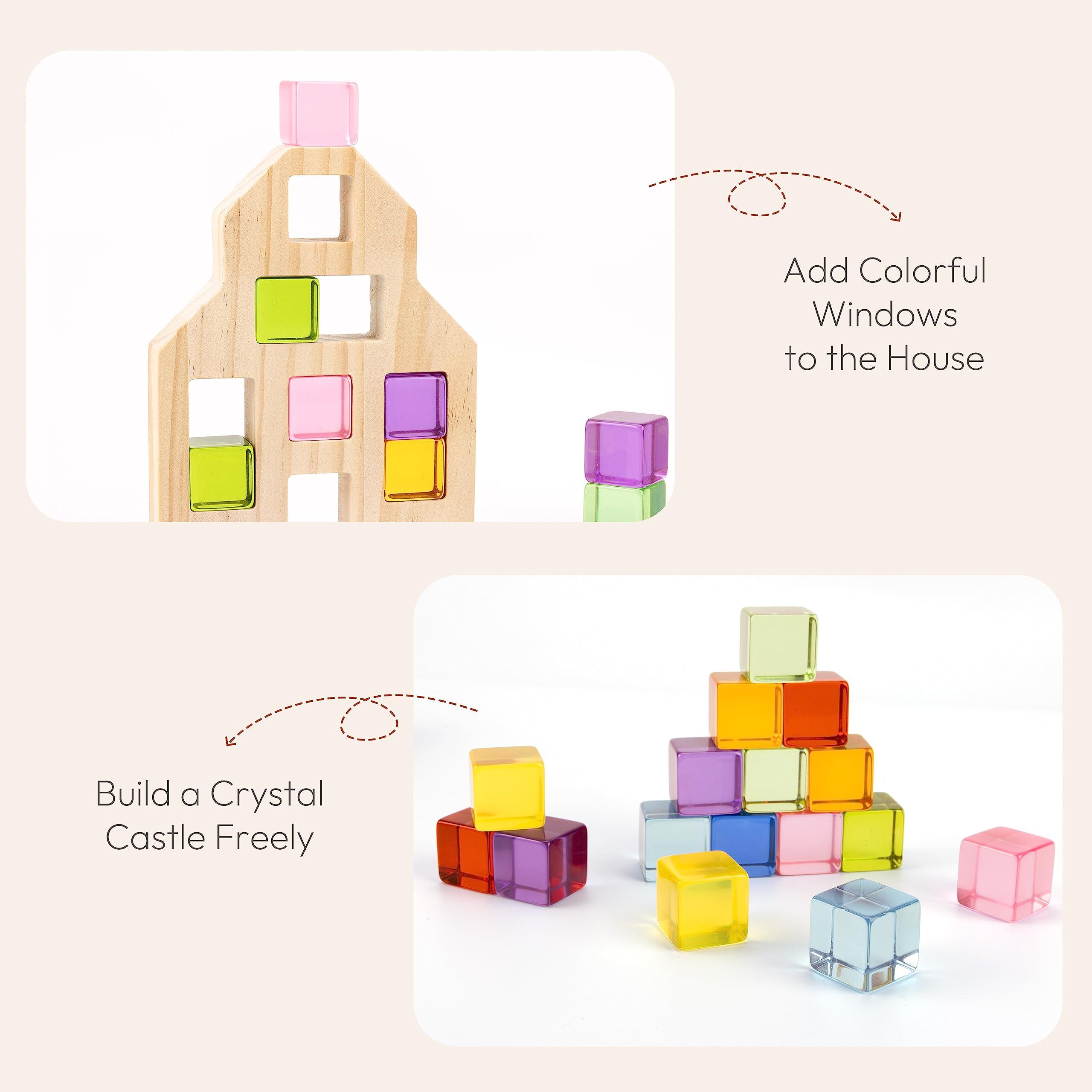 Woodtoe Woodtoe Wooden Building Blocks Set for Kids, 36 PCS Rainbow Acrylic Gem Cubes Blocks - 3 Wood House, Montessori Stacking Toy for Toddlers, Educational STEM Toys Birthday for Boys Girls 3-6