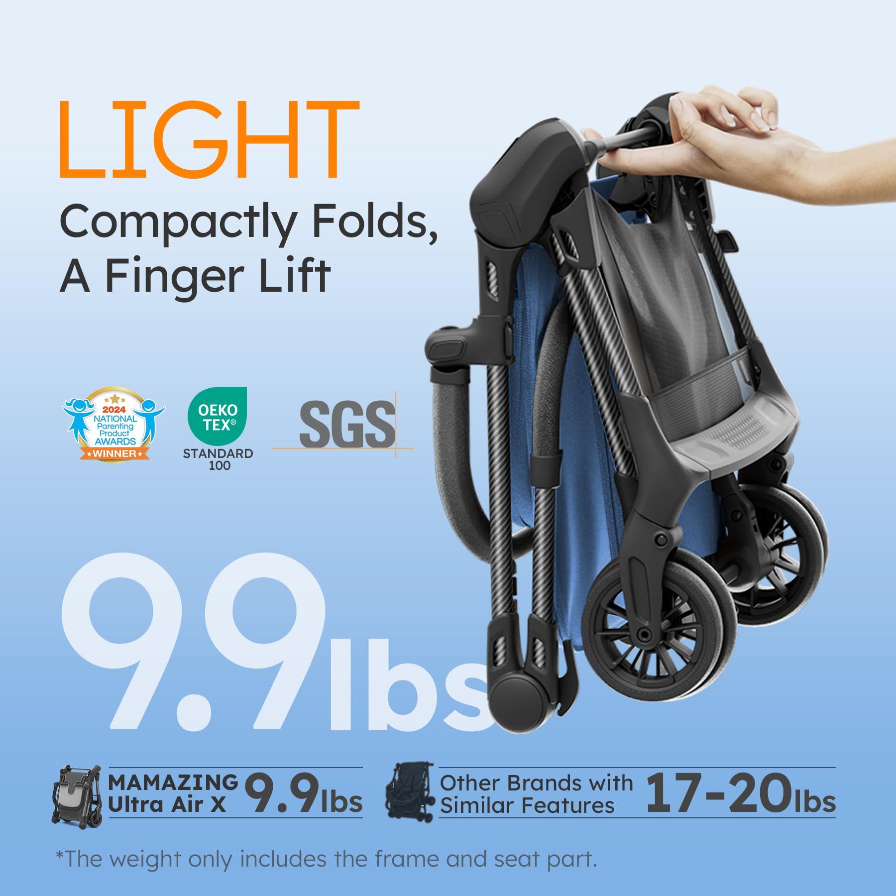 MAMAZING Lightweight Baby Strollers for Airplane, Ultra-Compact Travel Stroller, Light & Strong Portable Toddler Stroller with Carbon Fiber Frame and UPF 50+ Waterproof Fabric, Only 9.9 lbs, Blue