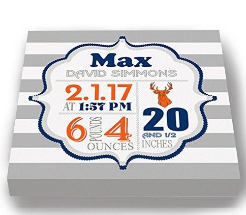 MuralMax Personalized Stretched Canvas, Striped Birth Announcement, Custom Baby Name, Date, Weight Stats, Safari Deer Nursery Wall Decor, Wooden Frame Construction, Ready to Hang 24X24