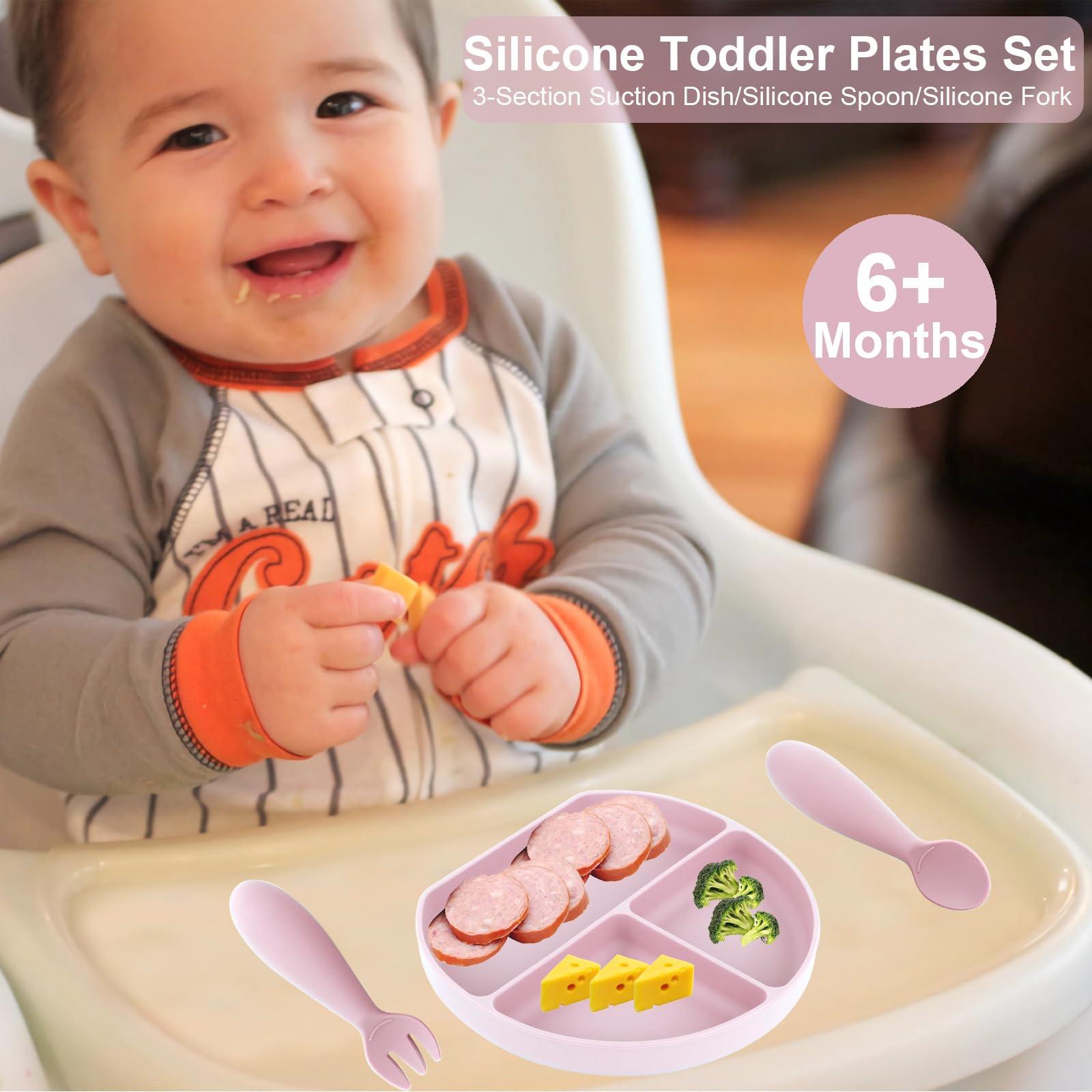 Nalchios Nalchois Silicone Kid Plate with Suction, Toddler Plates with Spoon & Fork, 100% Food-Grade Silicone Round Style, Non-Slip, Divided Plates for Toddlers & Kids, Dishwasher & Microwave Safe (Pink)