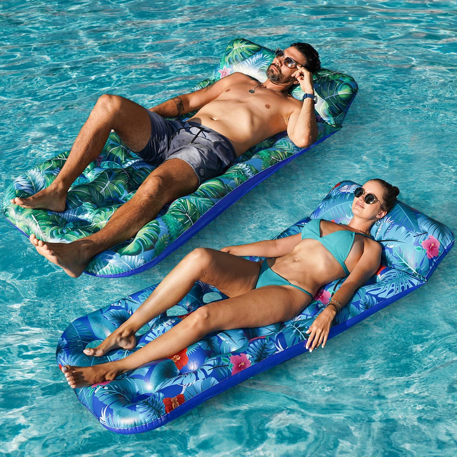 FindUWill FindUWill Inflatable Pool Lounge, 2 Pack Inflatable Pool Floats with Headrest, X-Large, Cooling Pool Floaties and FindUWill Pool Hammock Floats, XL, 2Pack Inflatable Water Hammocks Floaties