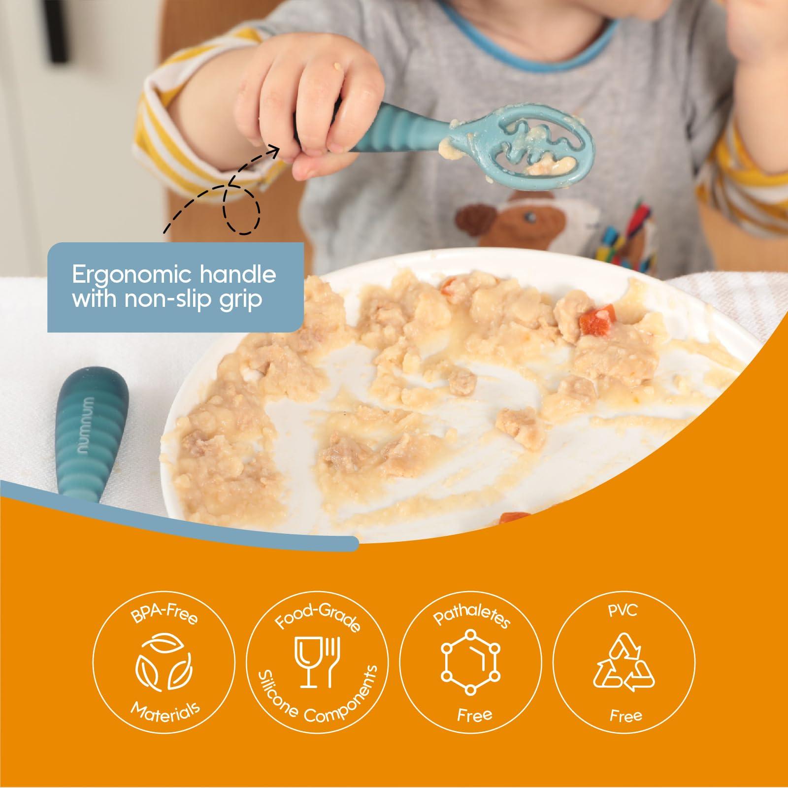 NumNum NumNum Baby Spoons Set, Baby Essentials Pre-Spoon GOOtensils for 6+ Months, First Stage Self-Feeding Spoons for Baby Led Weaning (BLW), Silicone Toddler Utensils, BPA-Free, 4 Pack Blue