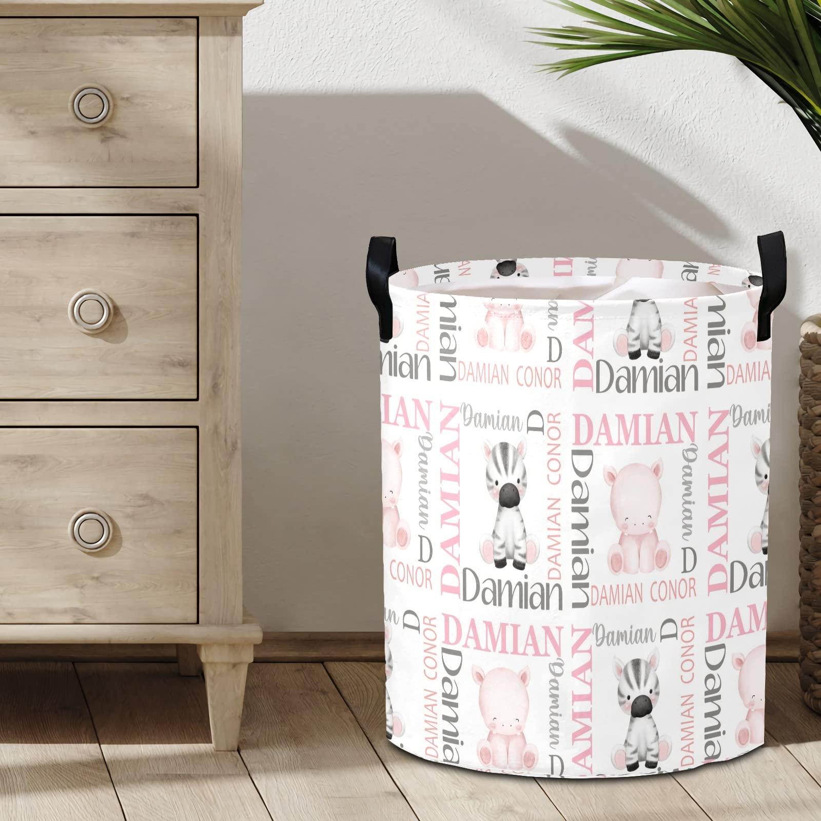 Deven Personalized Laundry Basket Hamper,Hippo Zebra Name Text,Collapsible Storage Baskets with Handles for Kids Room,Clothes, Nursery Decor