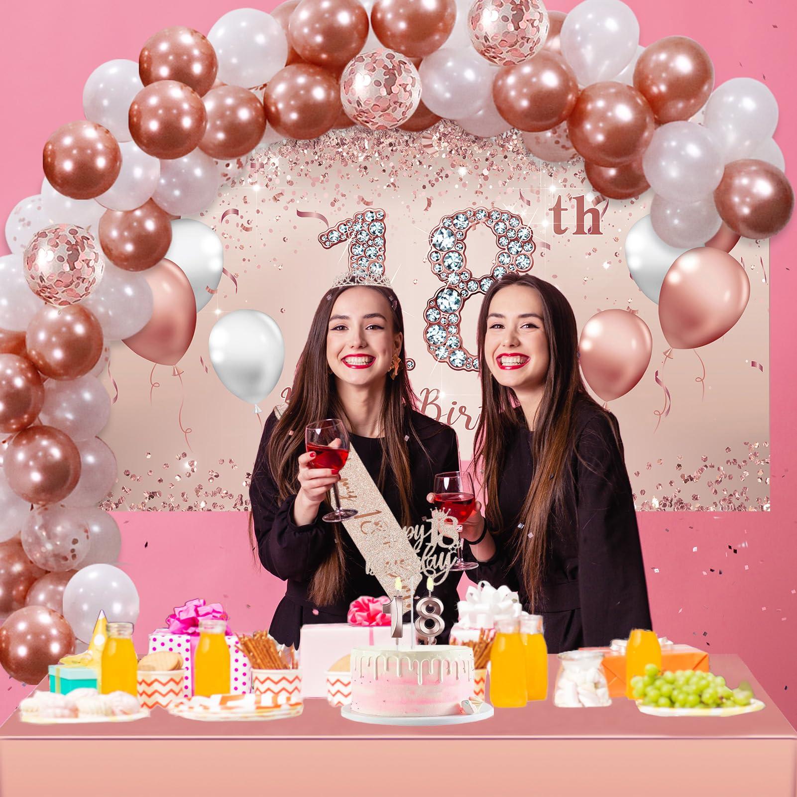 Trgowaul Trgowaul 18th Birthday Decorative Balloon Set Women\'s Arch, Rose Gold 18th Birthday Banner and Party Tablecloth, Belt and Tiara, Pink Gold 18th Balloon, Pink Birthday Cake Top, Latex Balloon * 60