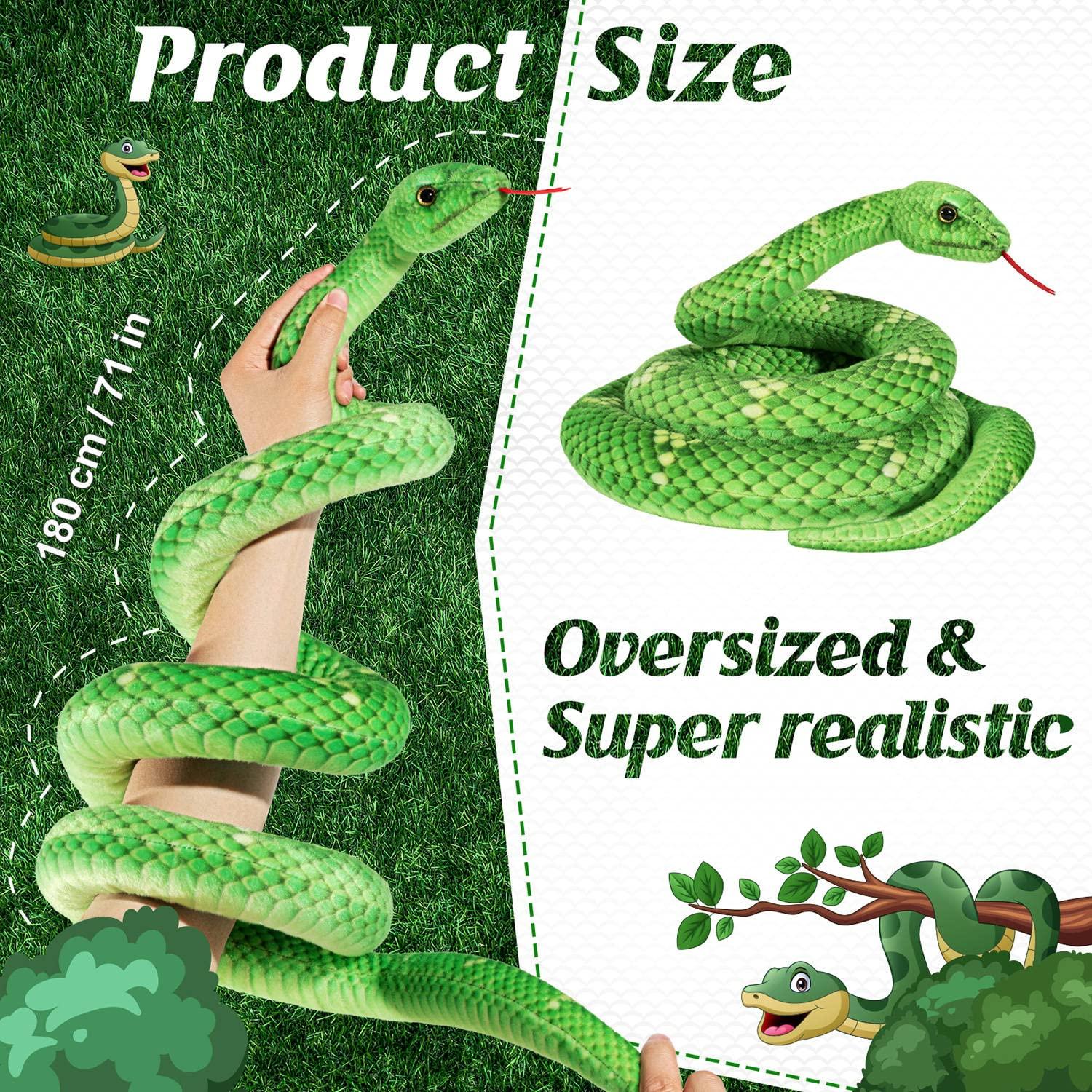 MGZTTHW MGZTTHW Snake Plush, 71 in Stuffed Snake Animal, Large Toy Snakes for Kids, Giant Stuffed Animals Snake, Lifelike Plush Snake for Birthday Present Party Prank Prop (Green)