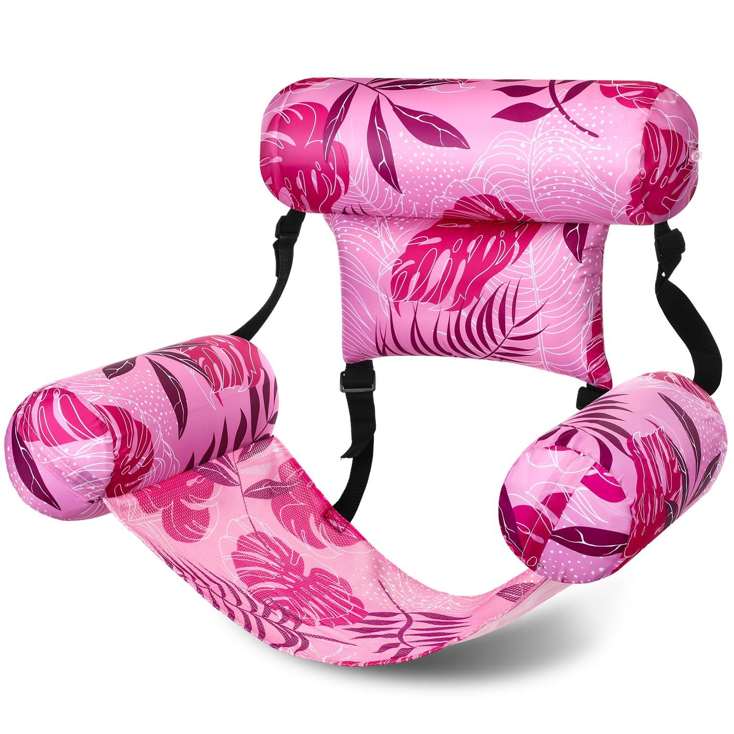 Sonwyoung Sonwyoung Inflatable Pool Floats Chairs Adult Floating Lounge Chairs Adjustable Hammock Water Floating Chair Swimming Tropical Plants Pattern for Party Summer Water Beach Lake Fun(Pink)