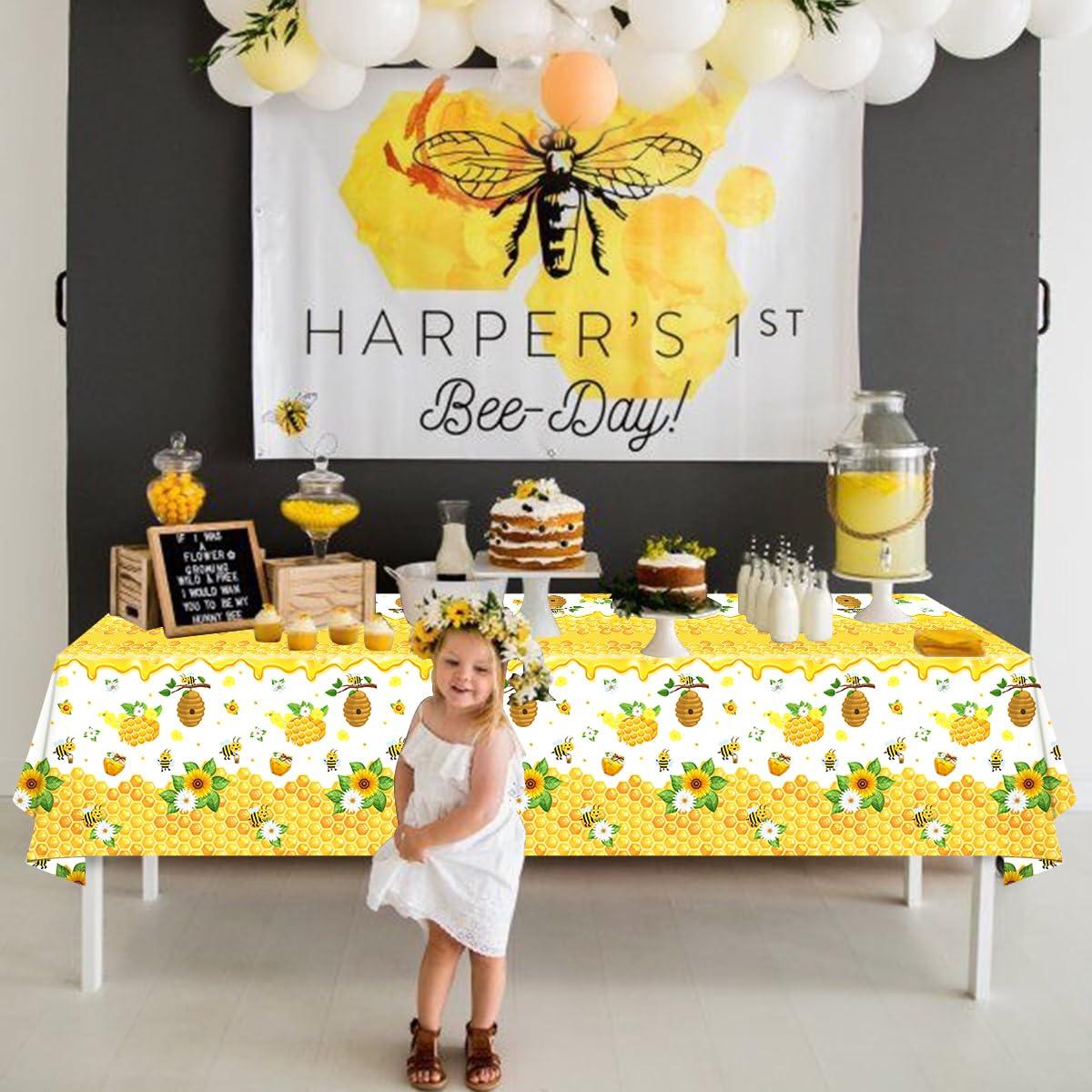 Dvaorc 4 Pack Bee Tablecloth Happy Bee Day Tablecloths Rectangle Honey Bees Bumble Table Cover Bee Theme Party Tablecloth for Bee Baby Shower Bee Birthday Party Decorations 51 x 86 Inch