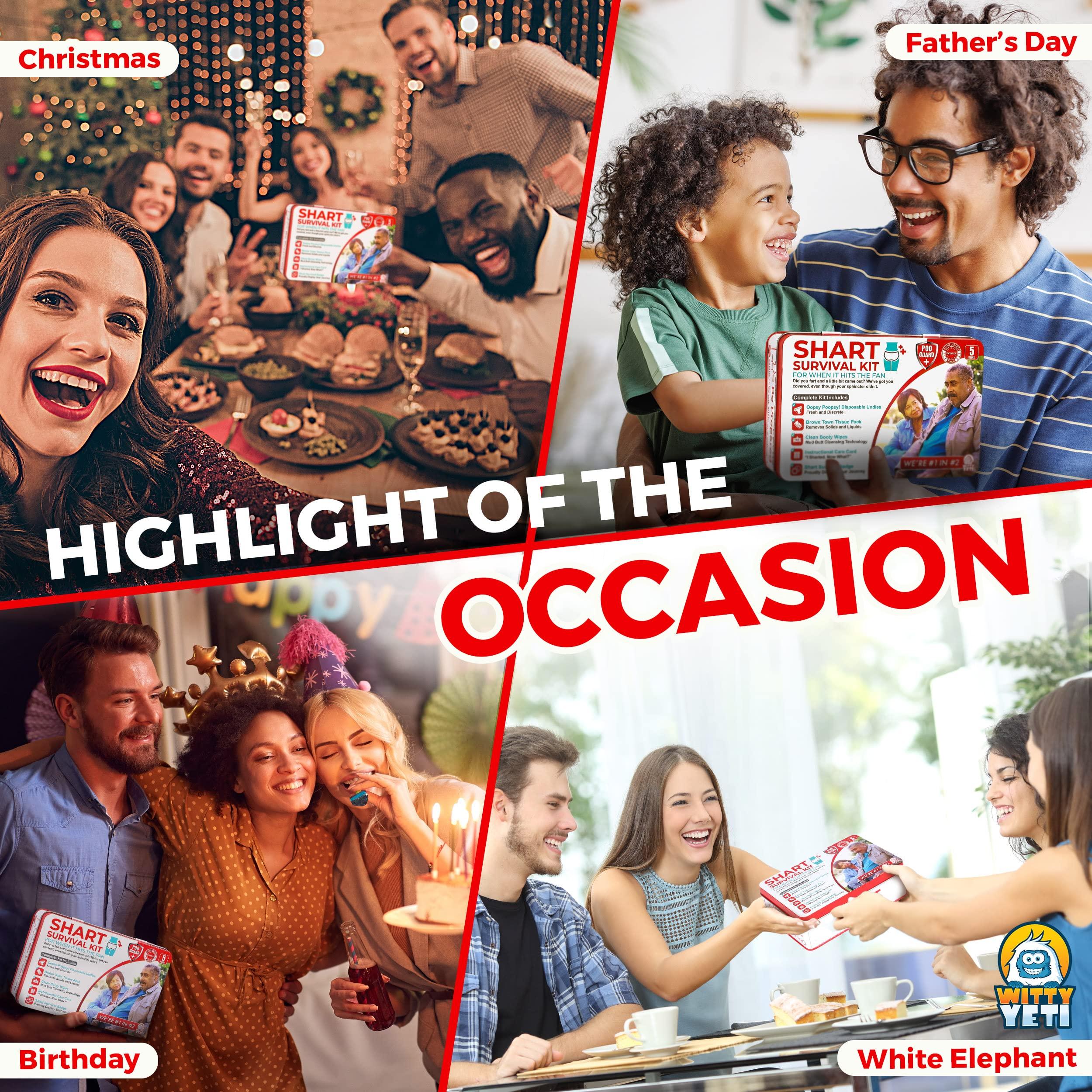 Witty Yeti Funny Shart Survival Kit by Witty Yeti. Ultimate Poop Prank Gag Gift Set Contains Wet Wipes, Disposable Underwear, Tissues and Hilarious Badge. Novelty Fart Potty Pack Great for Friends or Family