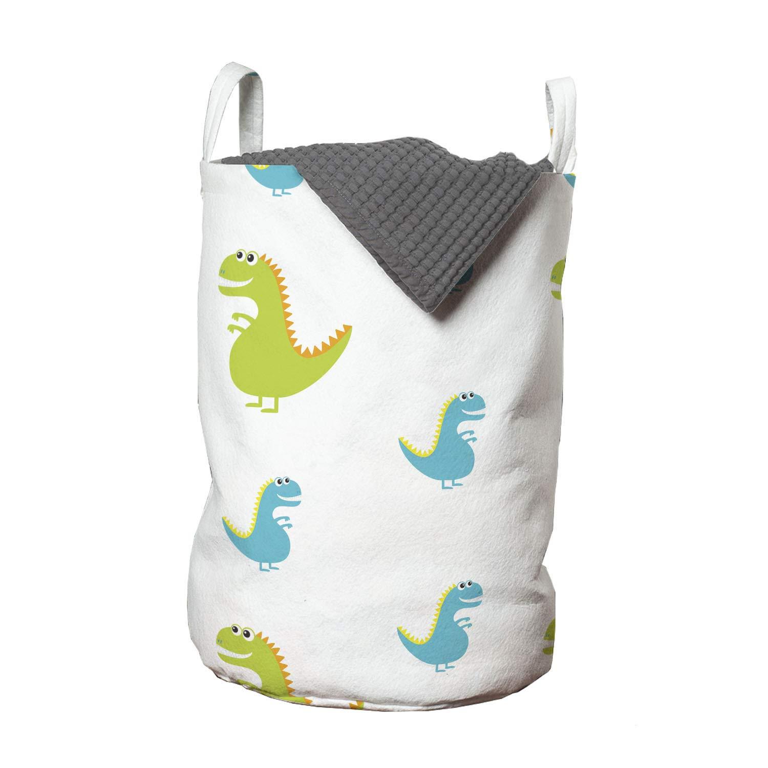 Ambesonne Ambesonne Dino Laundry Bag, Dinosaur Animal Cartoon Themed Print, Hamper Basket with Handles Drawstring Closure for Laundromats, 13" x 19", Yellow Green Sky Blue