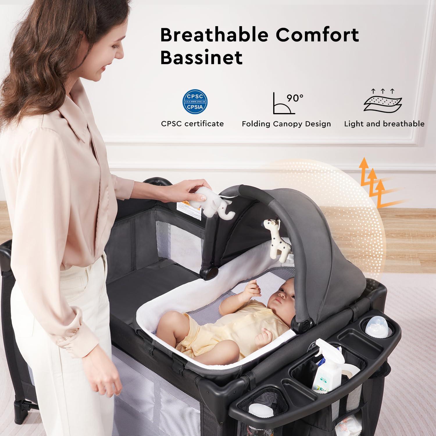 LILLEPRINS LILLEPRINS 4 in 1 Pack and Play with Bassinet, Diaper Changing Table for Newborn Infant, Portable Baby Playpen for Babies and Toddlers