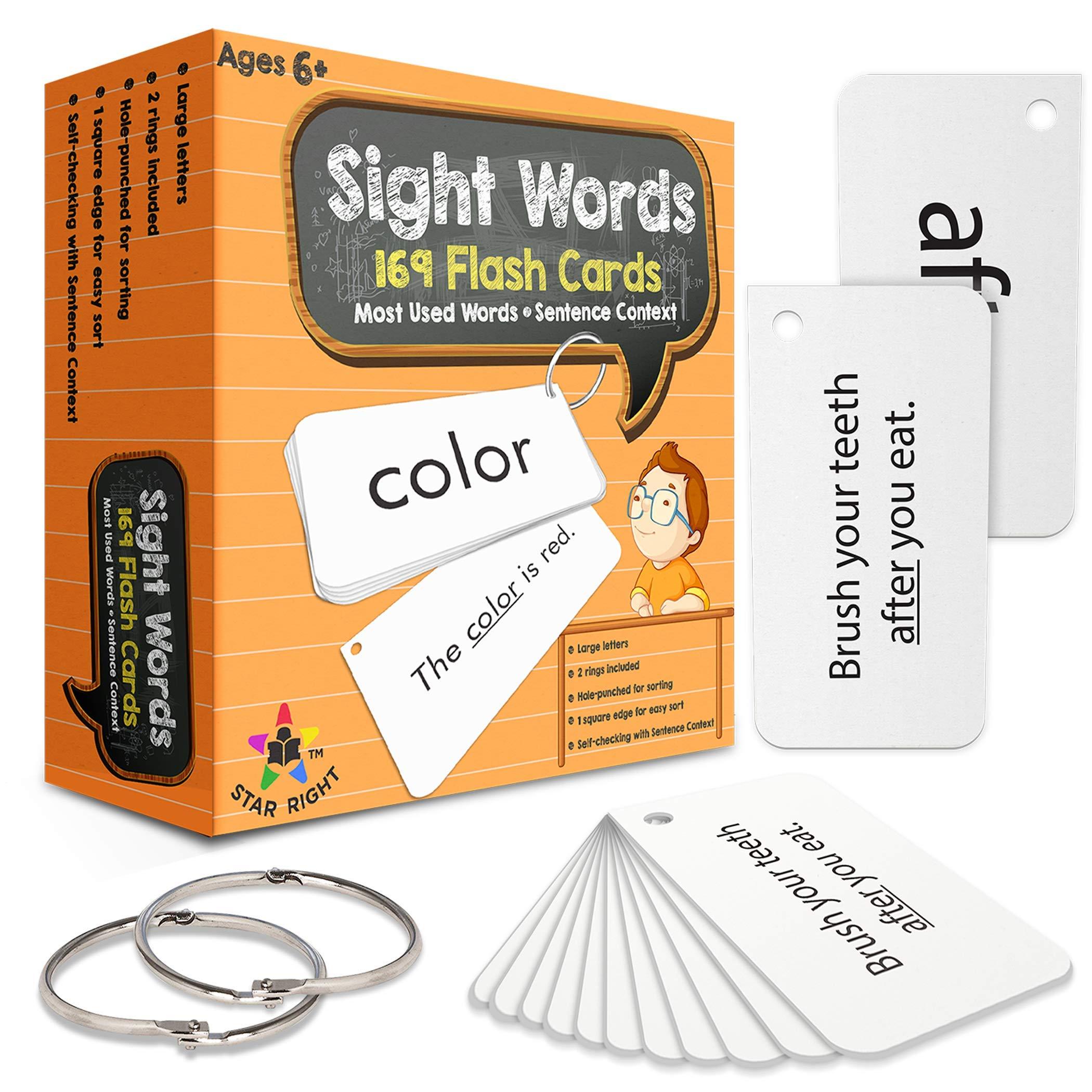 Star Right Star Right Education Sight Words Flash Cards, 169 Sight Words and Sentences with 2 Rings