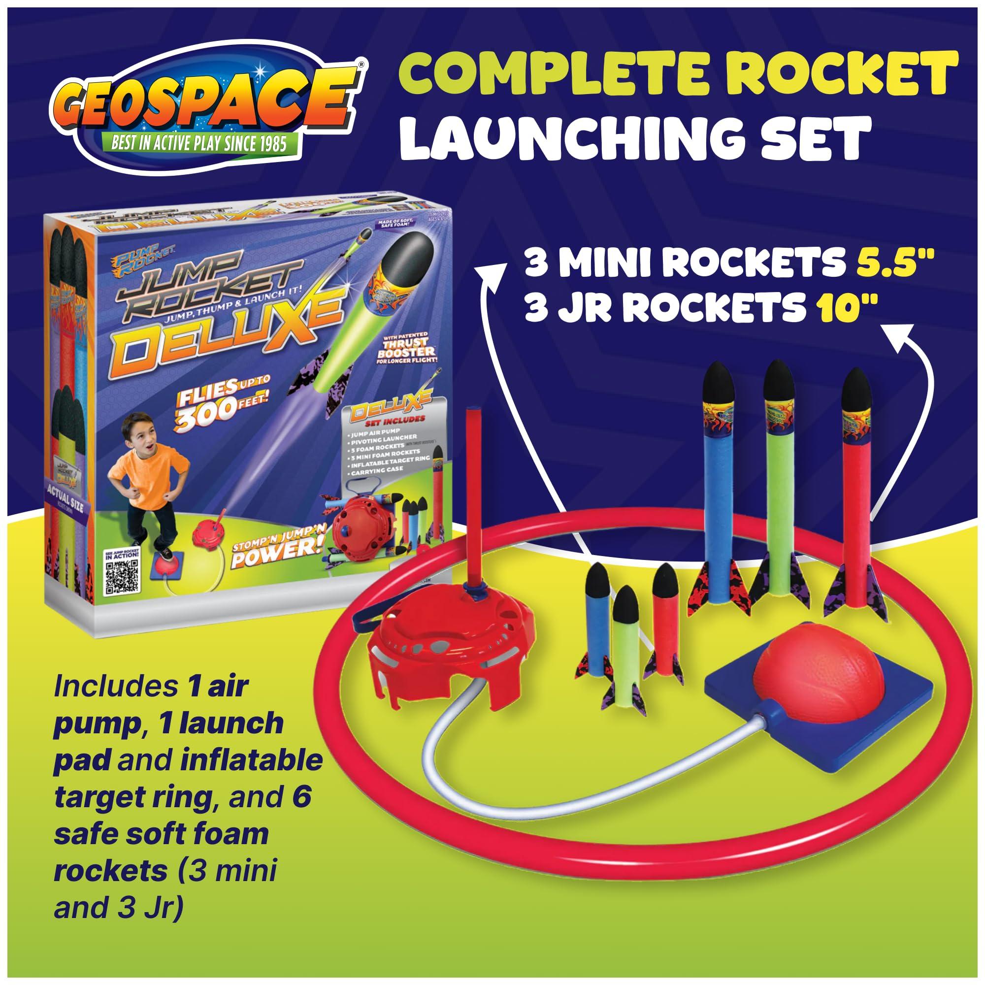 Geospace Geospace Jump Rocket Deluxe Size Set Single Pump 6 Flying Foam Rockets Outdoor Toys for Kids, Boys & Girls Stomper Rocket Set Leg Powered Stomper Rockets Toy - Cool Toys for Fun