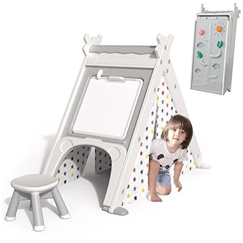 Merax Merax Foldable Triangle Climber, 4-in-1 Kids Hideaway Play Tent with Art Easel, Stool for Toddlers, Climbing Triangle Crawling Tunnel Toy Activity Play Set (White)