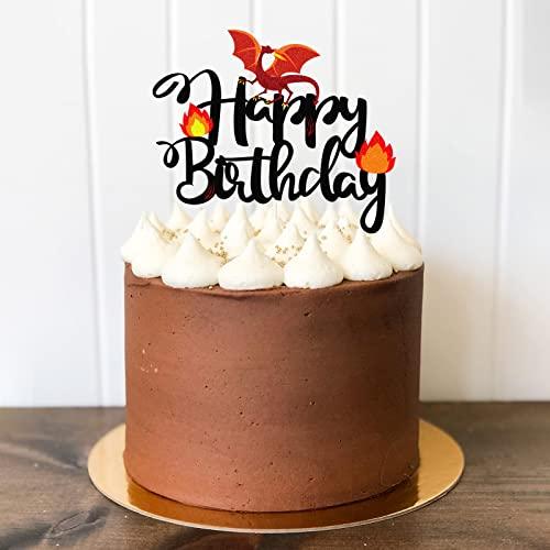 LECAKTO Black Glitter Dragon Happy Birthday Cake Topper,Dragon Knight Theme Birthday Party Cake Decor For Kids Boy Or Girl,Happy Birthday Party Decorations Supplies