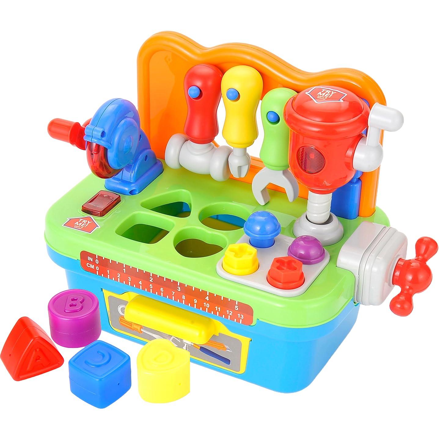 PowerTRC Toddler Tool Bench Toys for 1 Year Old Boy, Kids Tool Bench Toys for Toddlers 1-3, Multifunctional Early Learning Tool Toy Baby Workbench Toy with Light & Sound, Baby Tool Set with Shape Sorter