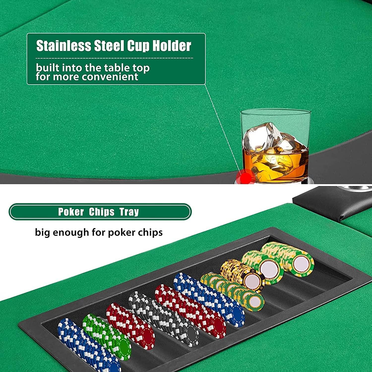 ECOTOUGE ECOTOUGE Poker Table with Stainless Steel Cup Holder, Oval Casino Leisure Table, Top Texas Hold'em Poker Table for 10 Player w/Leg, Green Felt
