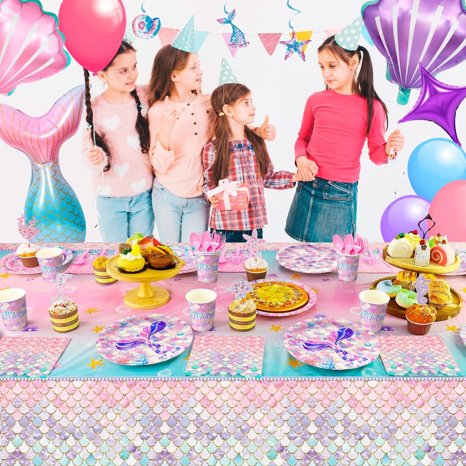 Fruitful Jewelry Mermaid Party Supplies,132 Pcs Mermaid Birthday Party Decorations Kit Mermaid Birthday Plates Cups Napkins Tablecloth Mermaid Banner Balloons Hanging Swirl etc Mermaid Birthday Decorations