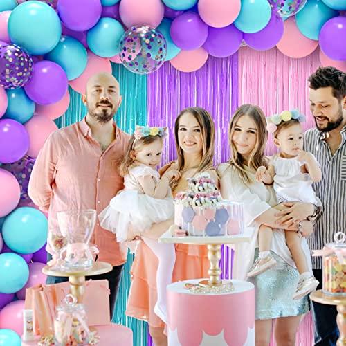 JOYYPOP Unicorn Balloon Garland Kit with Light Purple Pink and Turquoise Balloons, Tinsel Curtain for Baby Shower Birthday Party Decorations Unicorn Party