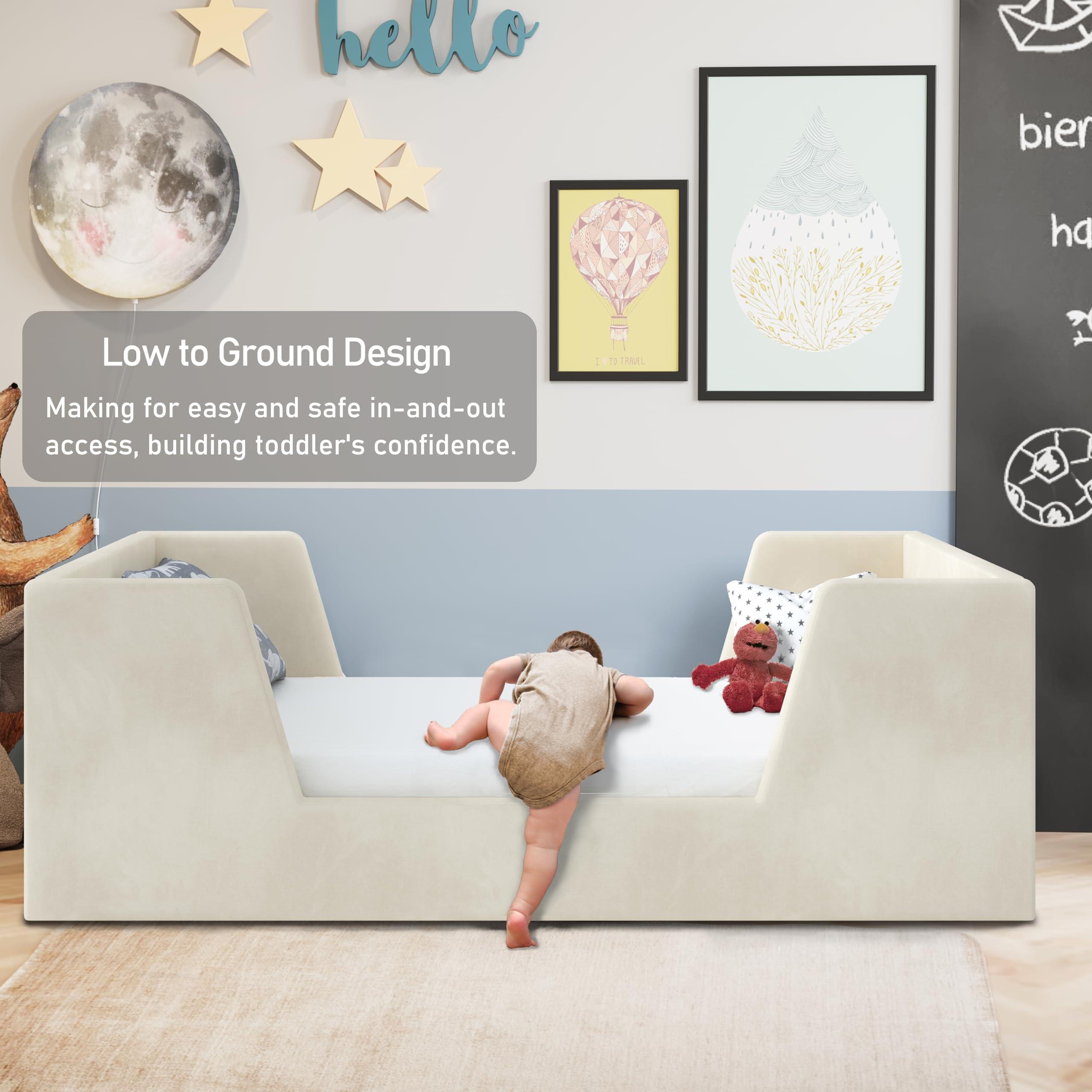 allamazing Toddler Bed, Toddler Floor Bed Frame with Guard Rails, Kids Bed for Ages 2-6 Years, Small Bed for Kids Girls and Boys, Standard Crib Mattress Toddler Beds, Certified Fabric Beds