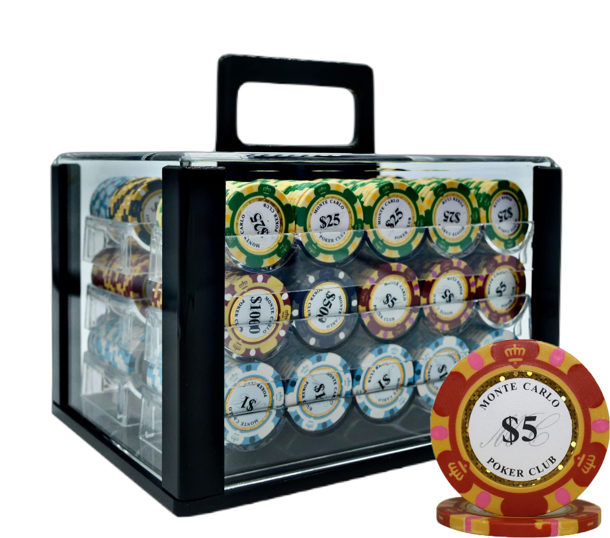 MRC POKER 600pcs 13.5G Monte Carlo Poker Club Poker Chips Set with Heavy Duty Acrylic Case & Chips Trays