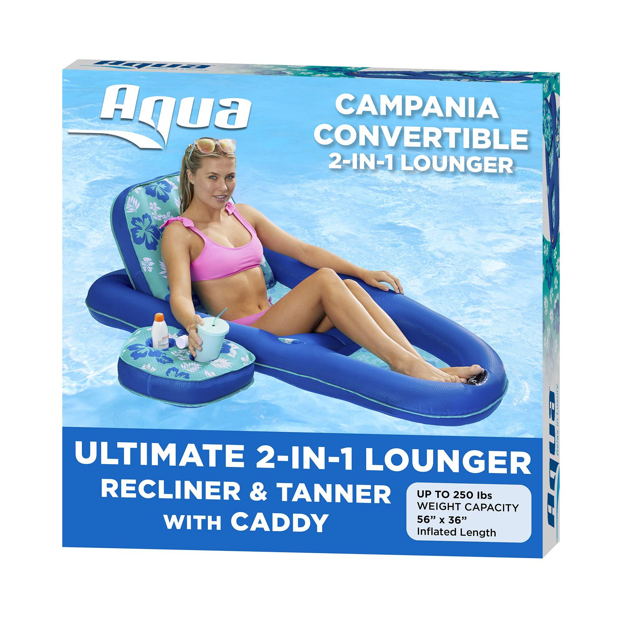 Aqua LEISURE Aqua Campania Ultimate 2-in-1 Pool Float Lounge Extra Large Inflatable Pool Floats for Adults with Adjustable Backrest & Cupholder Caddy Teal Hibiscus