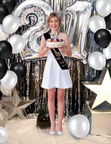 JOYMEMO 21st Birthday Decorations for Him Her Silver and Black with Happy Birthday Banner, Finally 21 Sash, 21st Birthday Cake Topper, Number 21 Foil Balloon,Foil Curtain, Finally Legal 21st Birthday Party