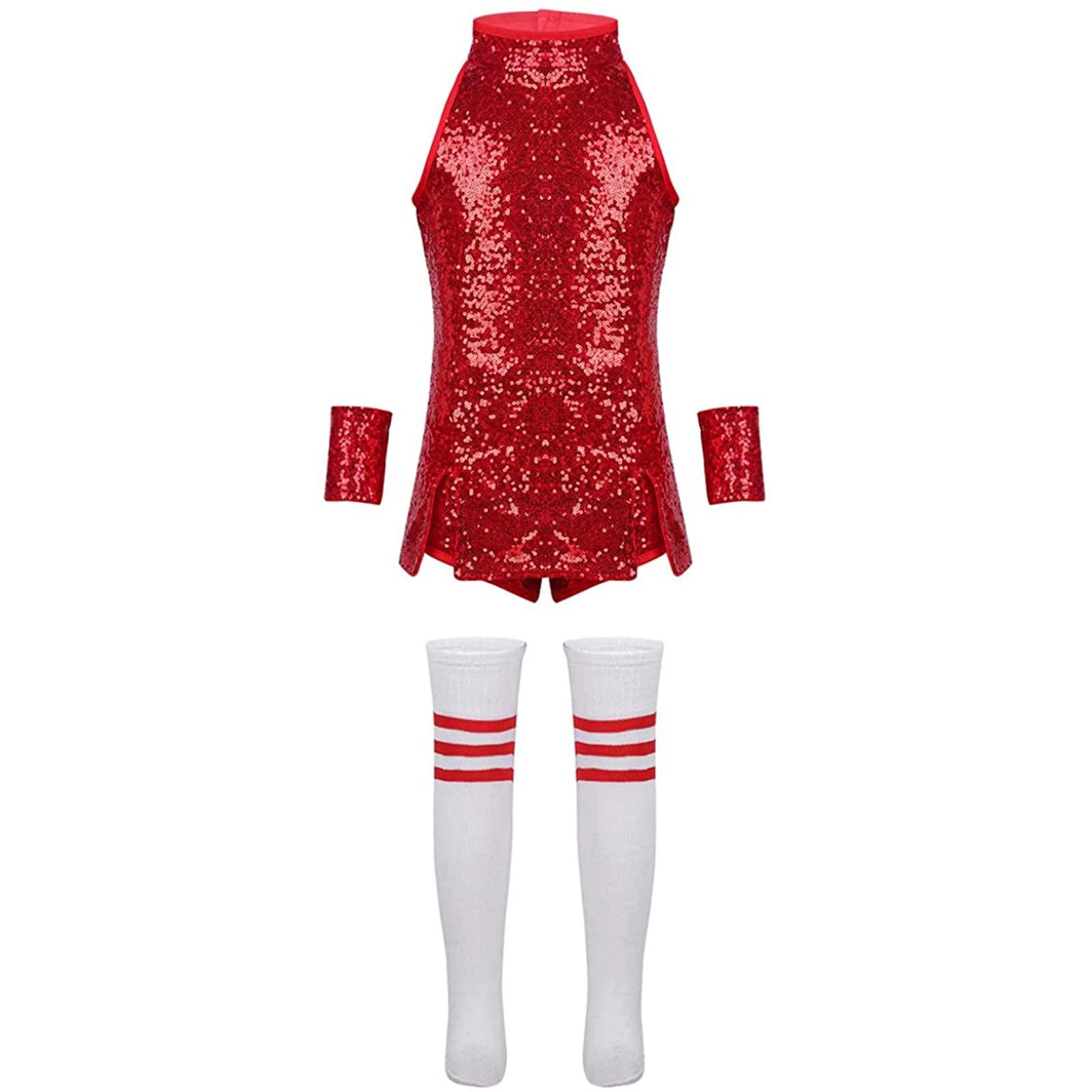 TAIKMD TAIKMD Girls Cheerleading Costumes Set Sequin Leotard Hip Hop Jazz Street Dance Suit Dress Shorts Wrist-Sleeves Socks Outfit (Red, 4-5)