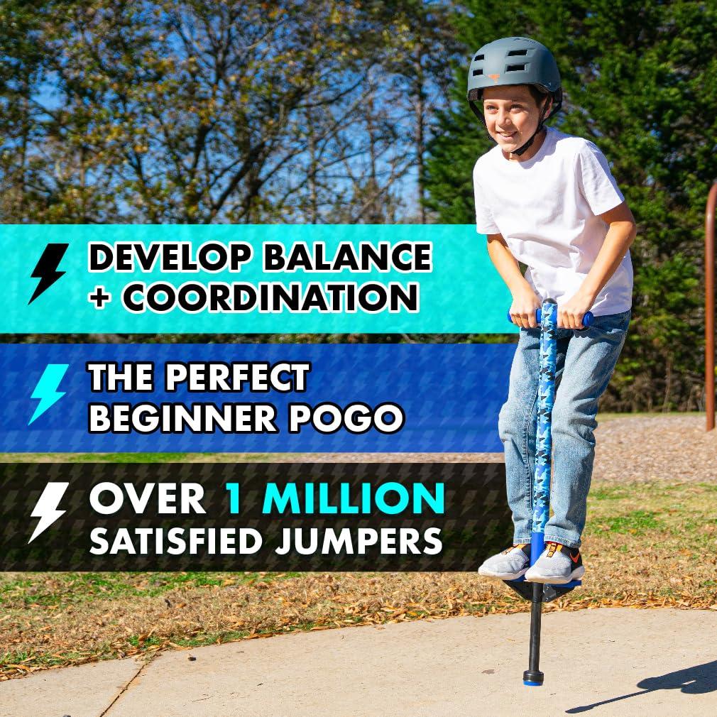 Flybar Flybar Pogo Stick for Kids, 40 to 80 Pounds, Perfect for Beginners, Easy Grip Foam Handles, Anti-Slip Foot Pegs, Outdoor Toys for Boys, Jumper Toys for Girls, Outside Toys for Kids (Jolt, Blue Camo)