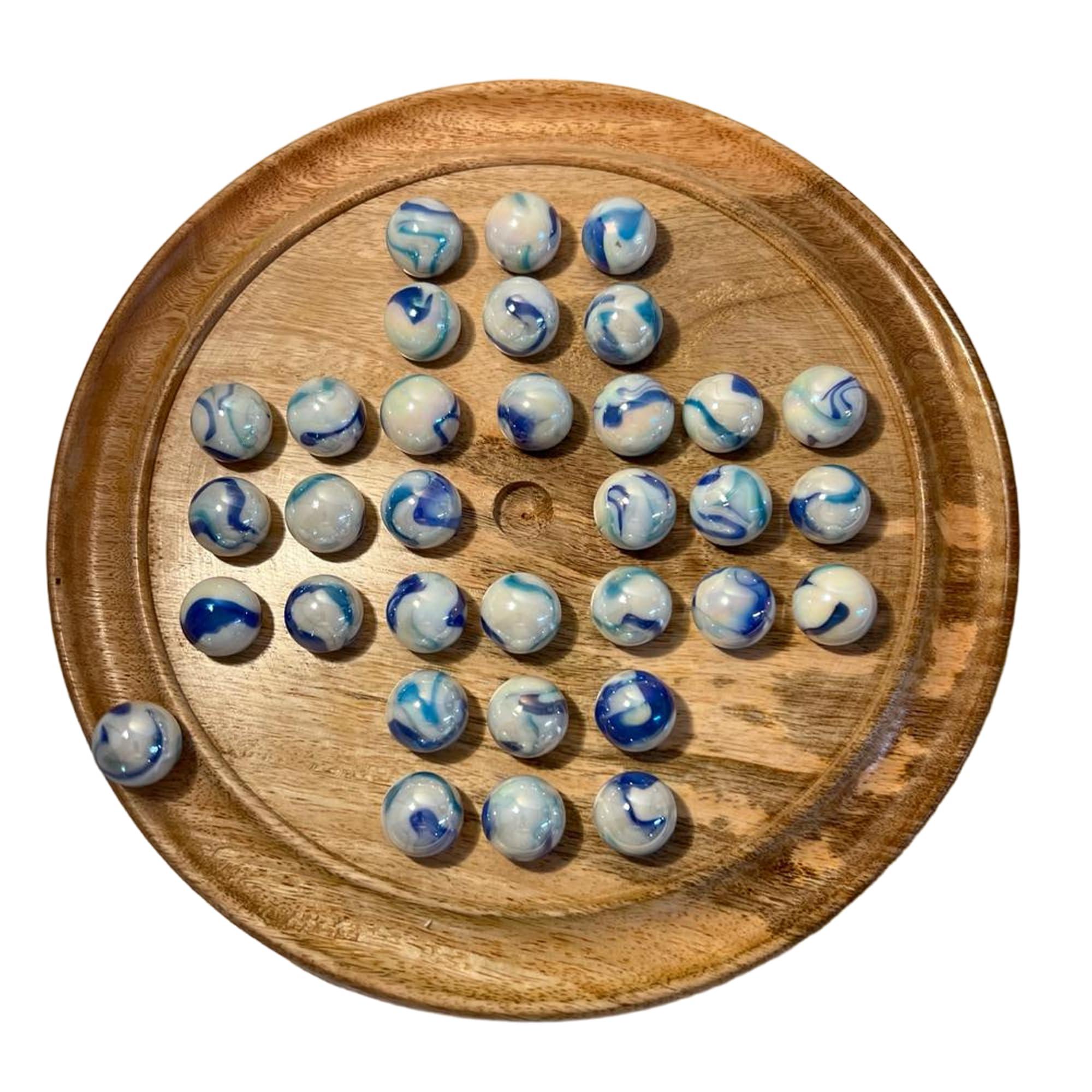 Thorness 30cm Diameter WOODEN SOLITAIRE BOARD GAME with JELLYFISH GLASS MARBLES | classic wooden solitaire game | strategy board game | family board game | games for one | board games