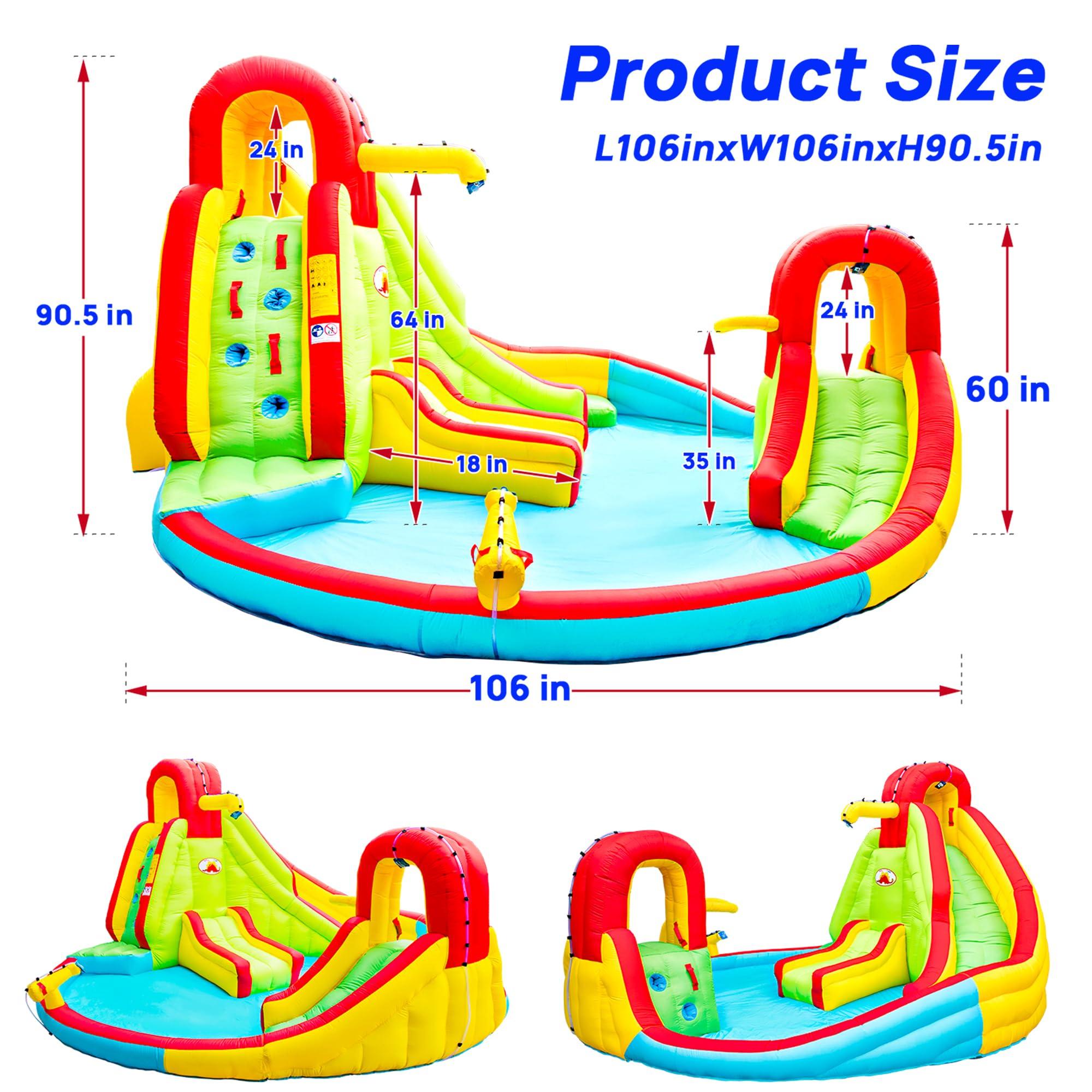 WELLFUNTIME WELLFUNTIME Inflatable Water Park with Blower, Dual Water Slide, Climbing Wall, Water Gun, Splash Pool, Lounge and Basketball Hoop