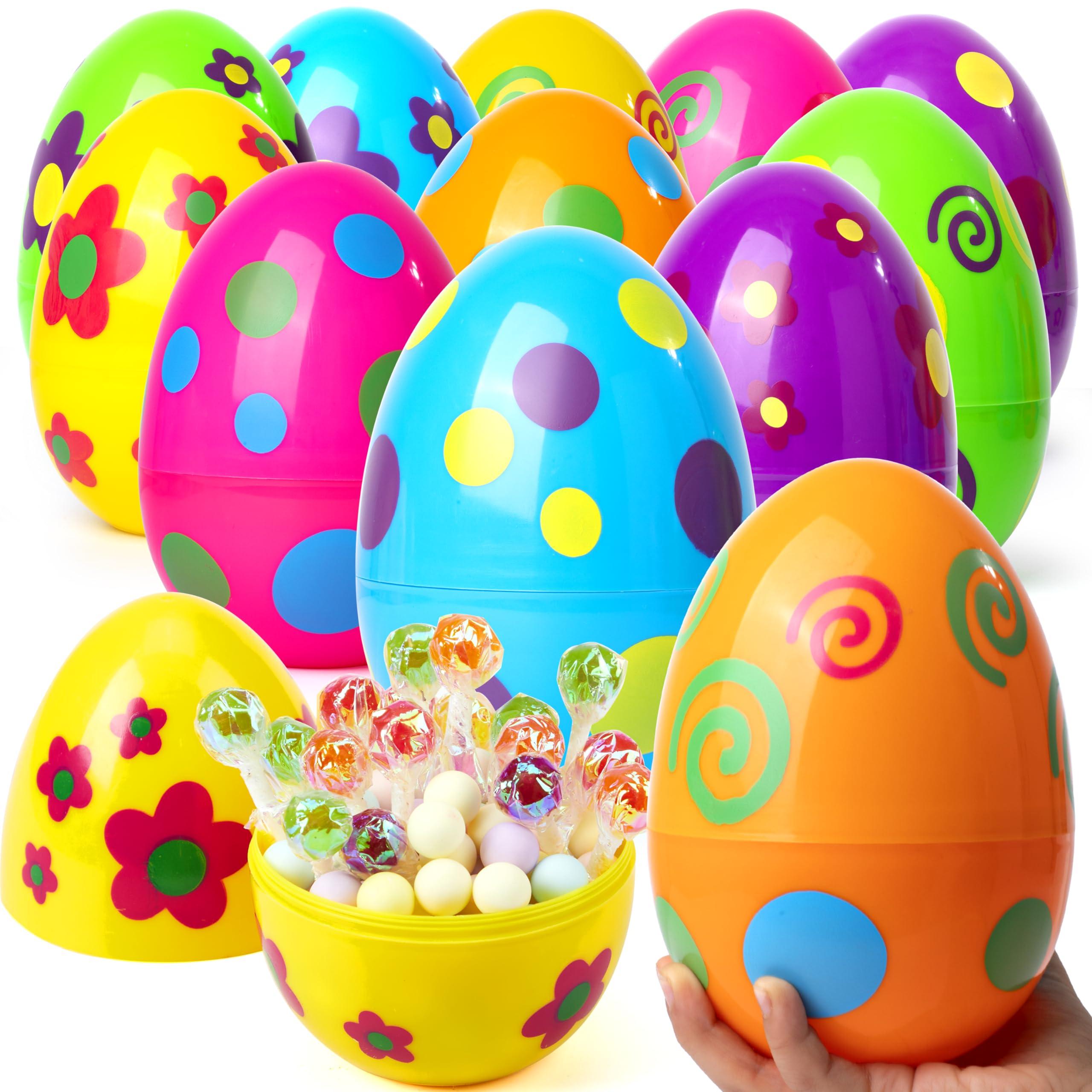 JOYIN JOYIN 12 Pcs Jumbo Printed Easter Eggs, 6 Inches Giant Plastic Eggs Fillable for Easter Themed Hunt Basket Stuffers Fillers Filling Treats Party Favor Classroom Prize Supplies