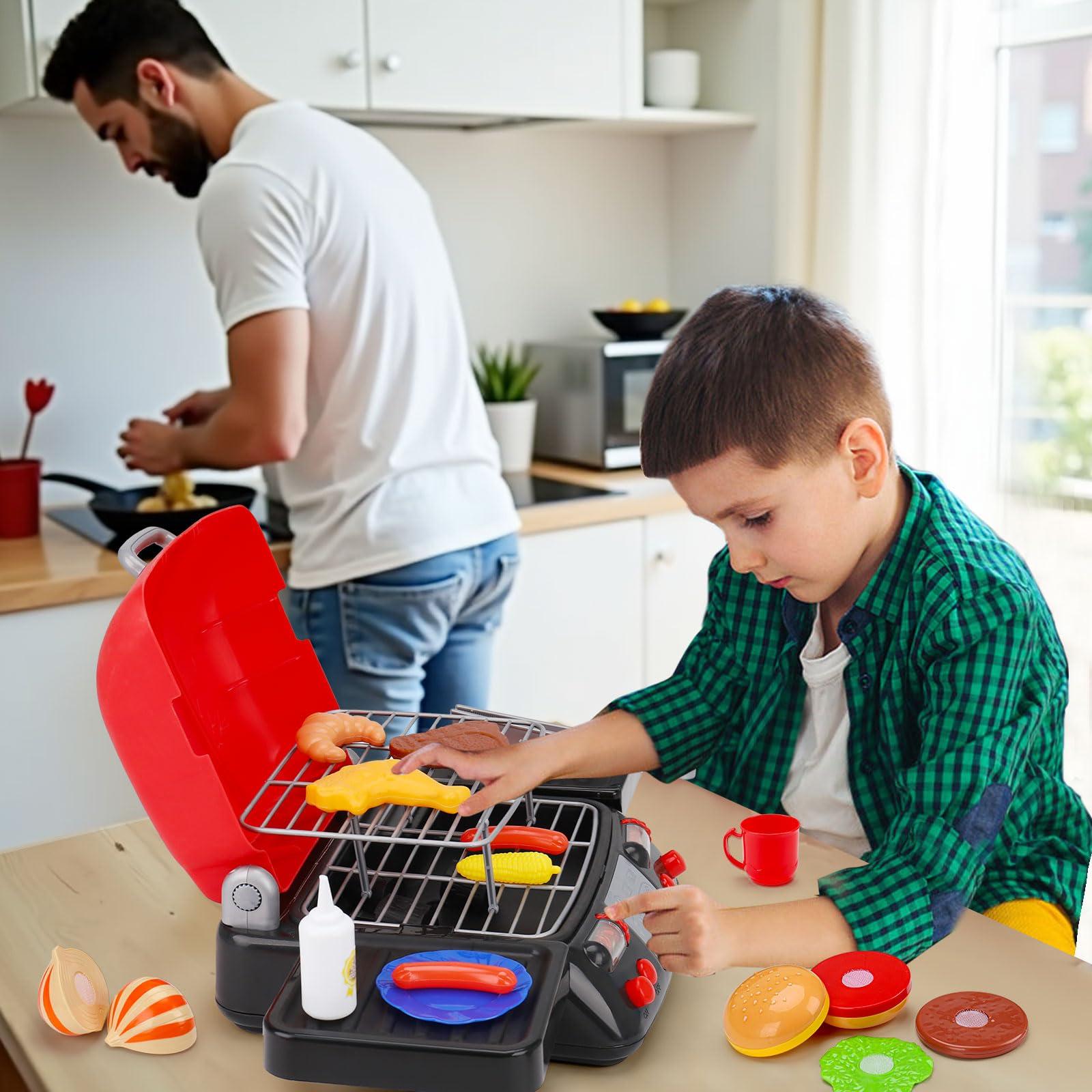 AugToy Kids Play Food Grill with Pretend Smoke Sound Light Kitchen Playset BBQ Accessories Camping Cooking Set Barbecue Toddler Girl Boy Toy 2 3 4 5 6 Year Old 4-8 Birthday Kid Toy Idea