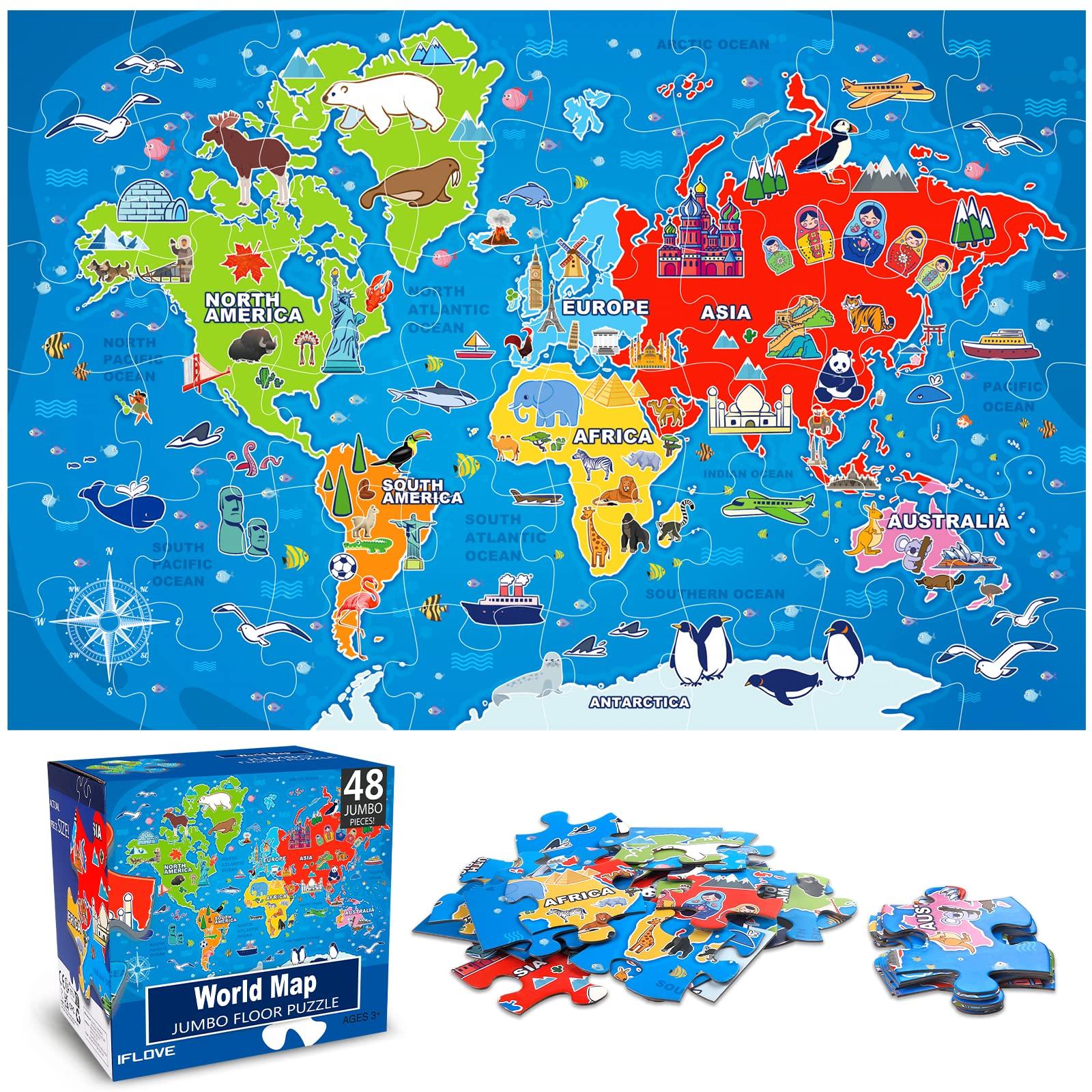 IFLOVE Jumbo Floor Puzzle for Kids World Map Dinosaur Jigsaw Large Puzzles 48 Piece Ages 3-6 for Toddler Children Learning Preschool Educational Intellectual Development Toys 4-8 Years Old