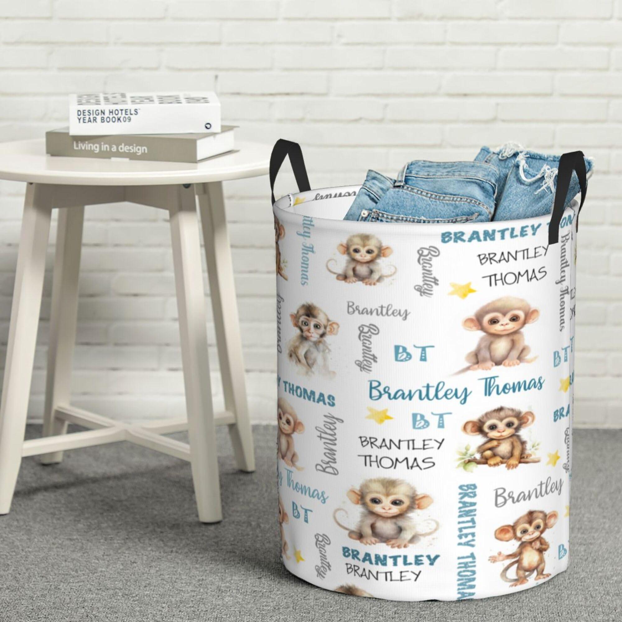 Novusopt Monkey Nursery Decor Name Baby Hampers Personalized Baby Bin Clothes Hamper Custom Laundry Basket Hamper Kids Organizers Collapsible Hamper for Boy Girl Baby Gift Baskets
