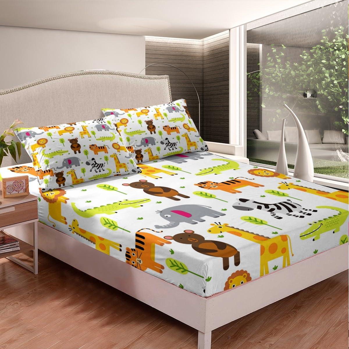 Erosebridal Zoo Animal Toddler Bedding Set Safari Nursery Decor Bed Sheets Full, Cartoon Animals Fitted Sheet Woodland Animal Print Sheets Kawaii Giraffe Elephant Lion Fitted Bed Sheets 3 Pieces