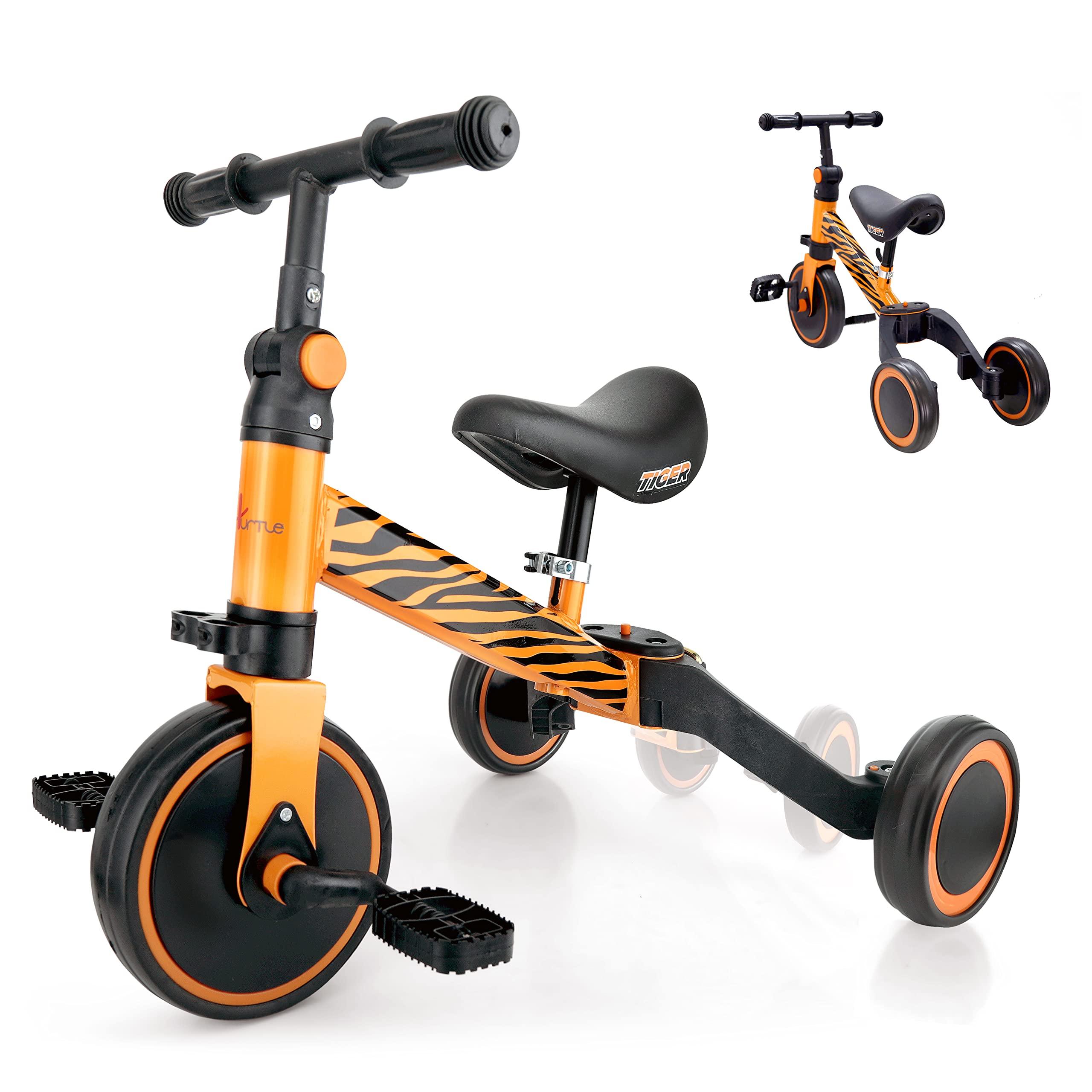 Hurtle 3 in 1 Kids Tricycles - Balance Training Bike Convertible Toddler Walker Riding Toys for 10 Month to 3 Year Old Boys Girls w/Removable Pedals, Carbon Steel Frame, Adjustable Seat Height (Tiger)
