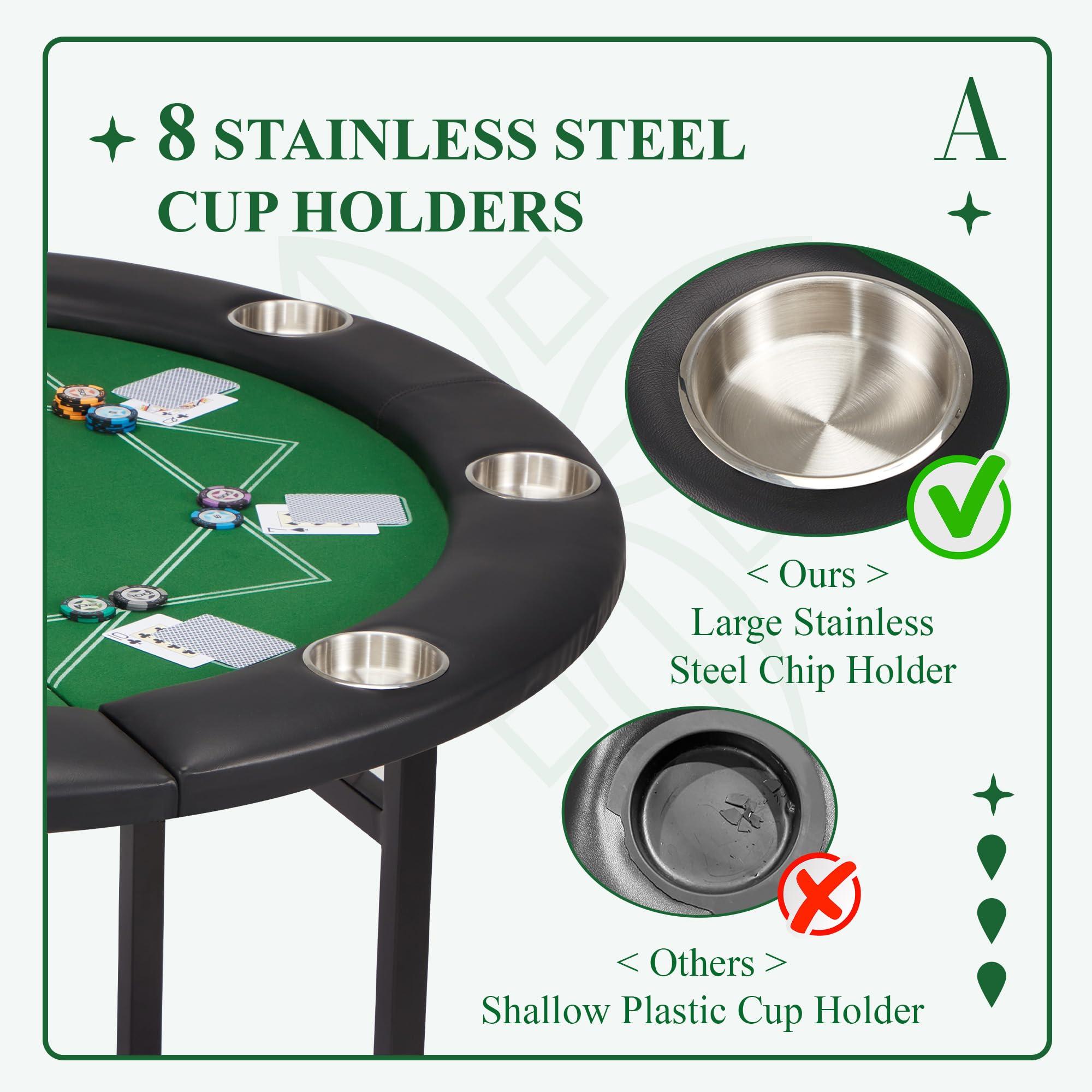 ECOTOUGE ECOTOUGE 8 Players Poker Table Foldable, Round Casino Texas Holdem Table with Stainless Steel Cup Holders & Faux Leather Padded Rails, Folding Gaming Table for Card Games, Green