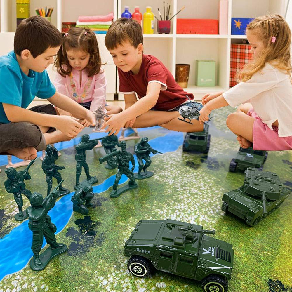 DUNRIOG TOYS 23 Pack Die-cast Military Vehicles Sets,6 Pack Assorted Alloy Metal Army Models Car Toys,16 Pack Soldier Army Men,1 Playmat,Mini Army Toy Tank,Panzer,Anti-Air Vehicle,Helicopter Playset for Kids Boys