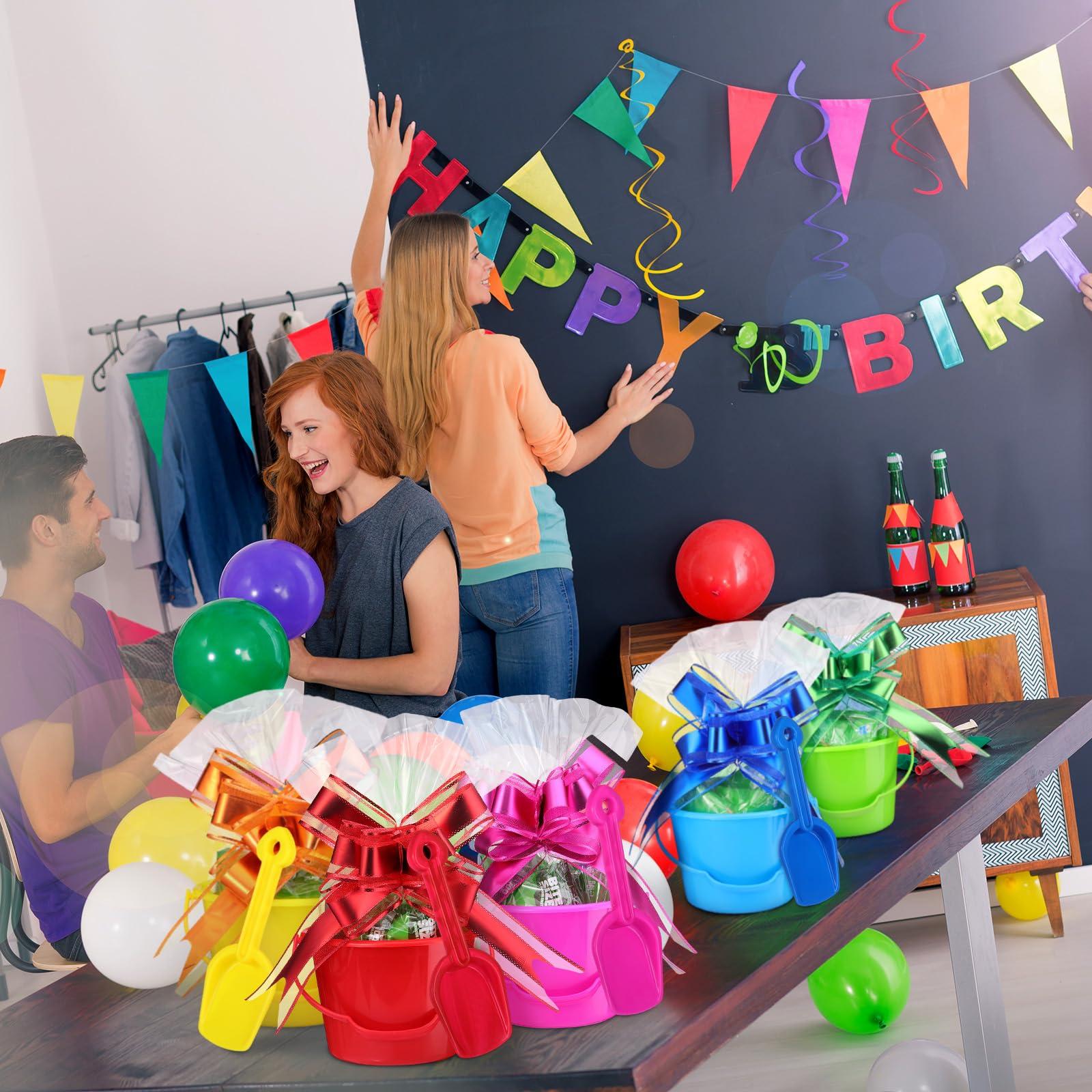Sratte 10 Sets Sand Buckets and Shovels Set for Kids Plastic Mini Beach Pail and Shovel with 20 Pcs Clear Treat Bags and 20 Pcs Pull Bows for Boys and Girls Summer Beach Holiday Birthday Party Favors