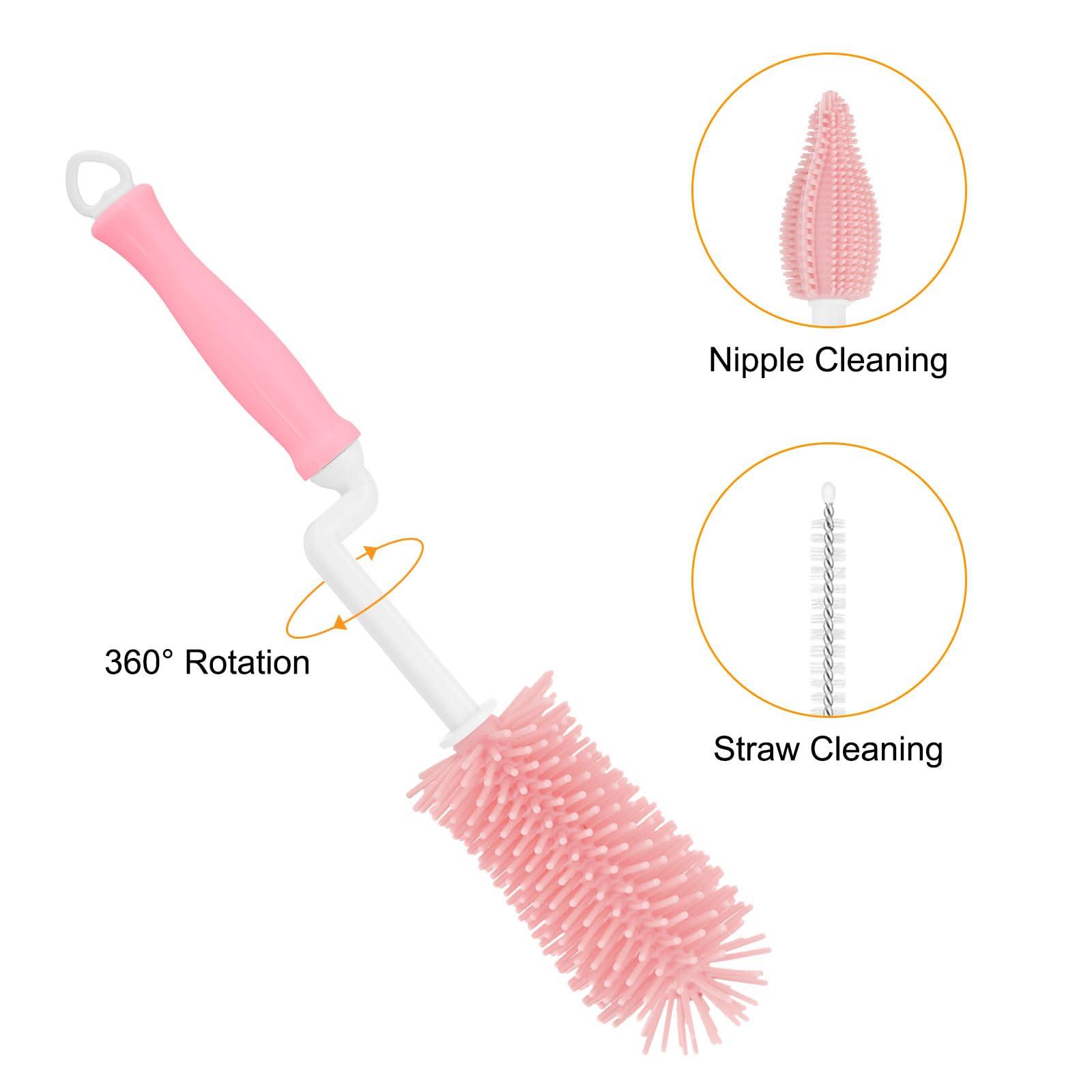 uxcell uxcell 3 in 1 Silicone Bottle Cleaning Brushes, 360 Degree Rotation Long Curved Handle Water Bottles Cleaner Kits, Straw Cleaning Brushes for Milk Bottles, Cups (Pink)