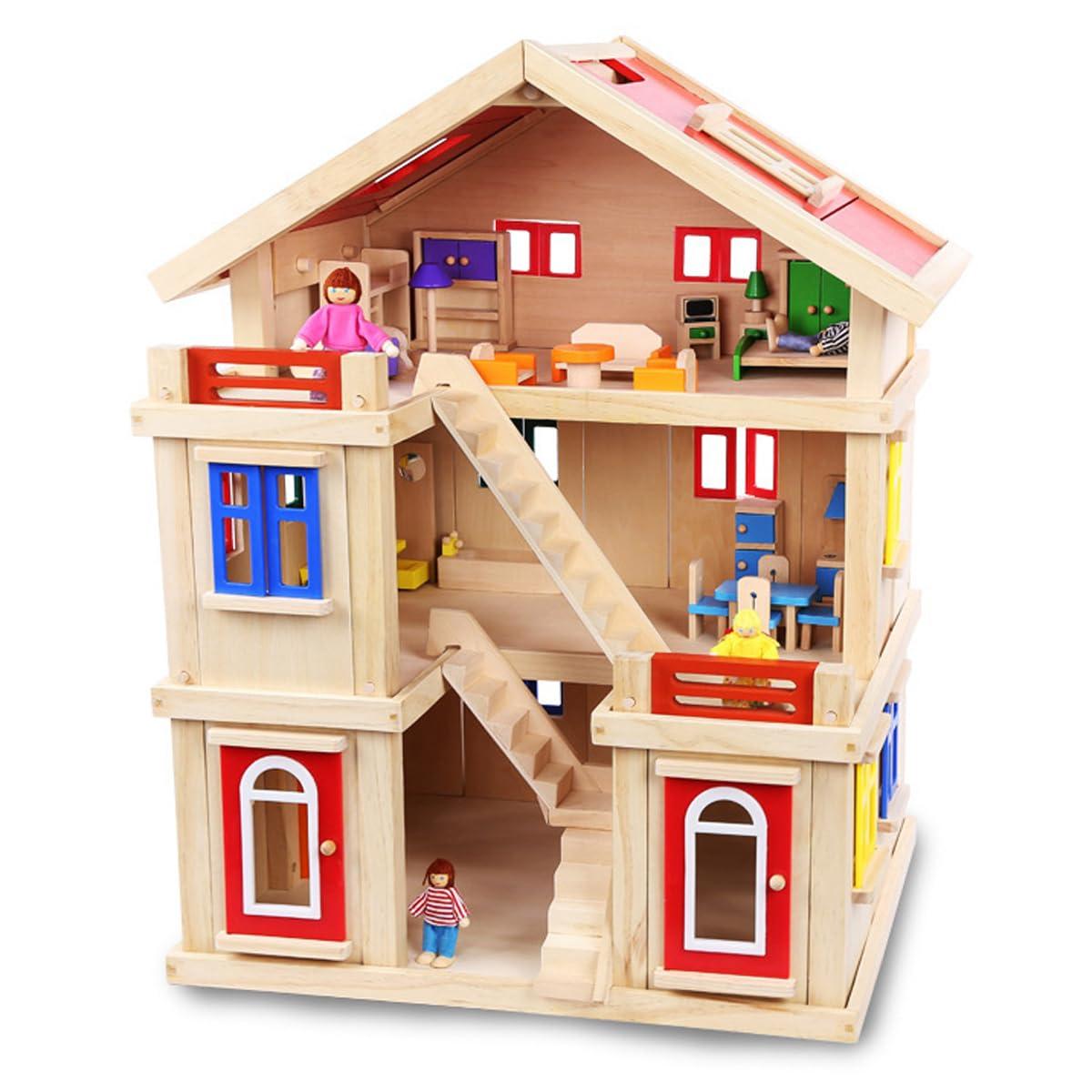 LANGWEI LANGWEI Wooden Dollhouse, Large 3-Story DIY Castle Doll House with Furnitures & Dolls, Mini House Building Kit Montessori Toys for Ages 3+