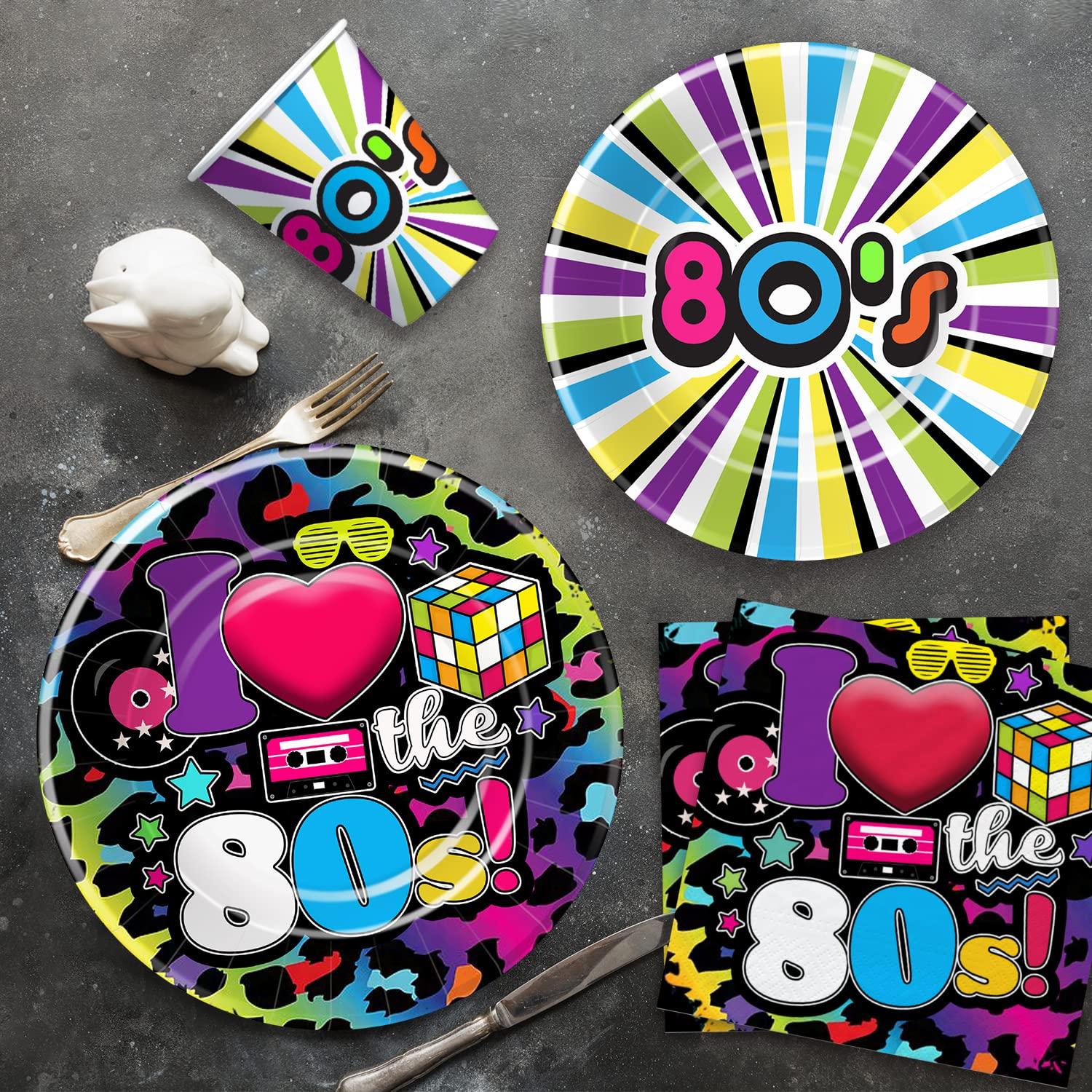 HIPVVILD HIPVVILD 80\'s Party Decorations Tableware - 80\'s Theme Party Supplies, 80s Decorations Dinnerware, Paper Plates, Napkins, Tablecloth, Forks, 80s Birthday Party Decorations and Supplies | Serve 24