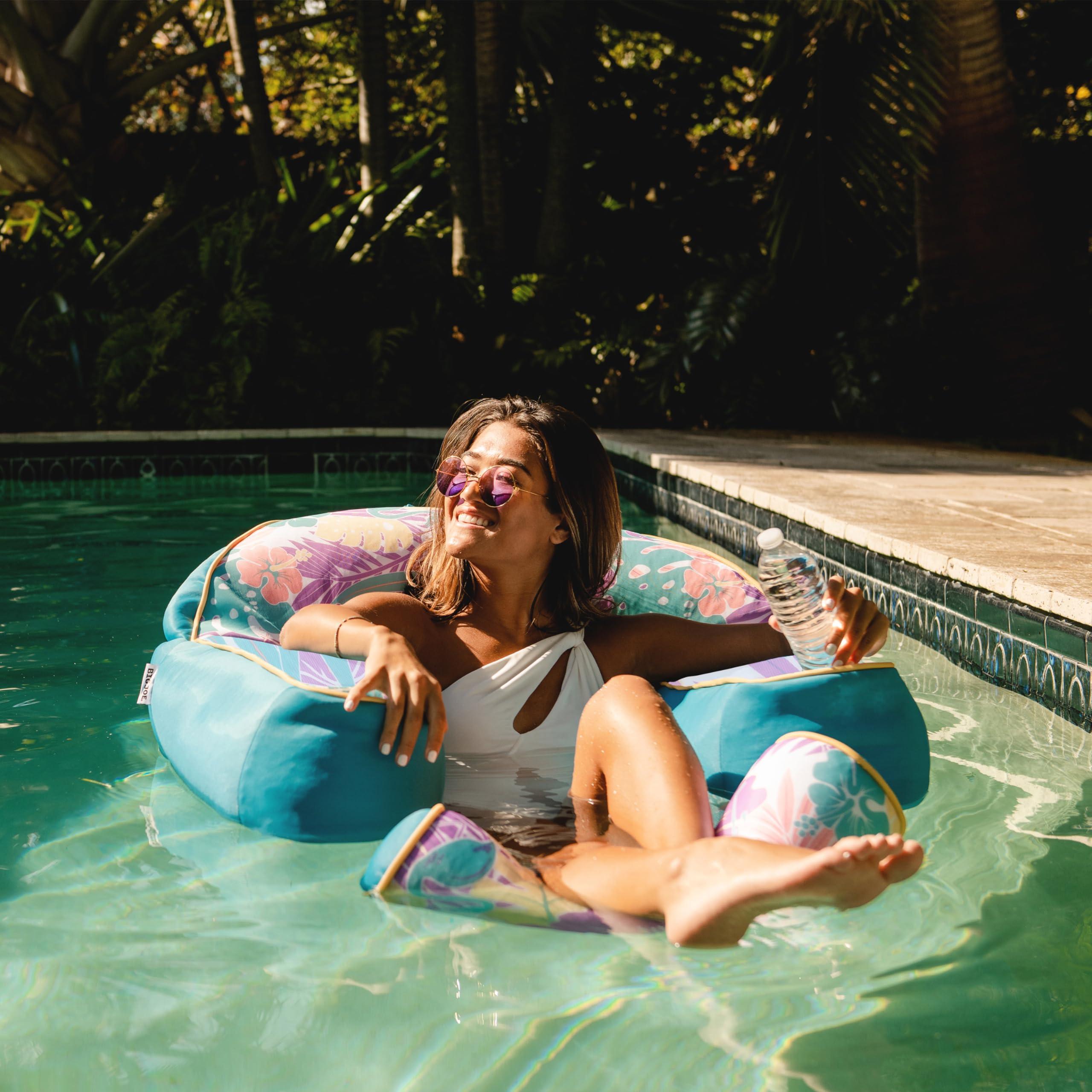 Big Joe Big Joe Lazy Lounger No Inflation Needed Pool Float with Headrest and Footrest, Tropical Hibiscus Aqua Double Sided Mesh, Quick Draining Fabric, 3.5 feet Lounger