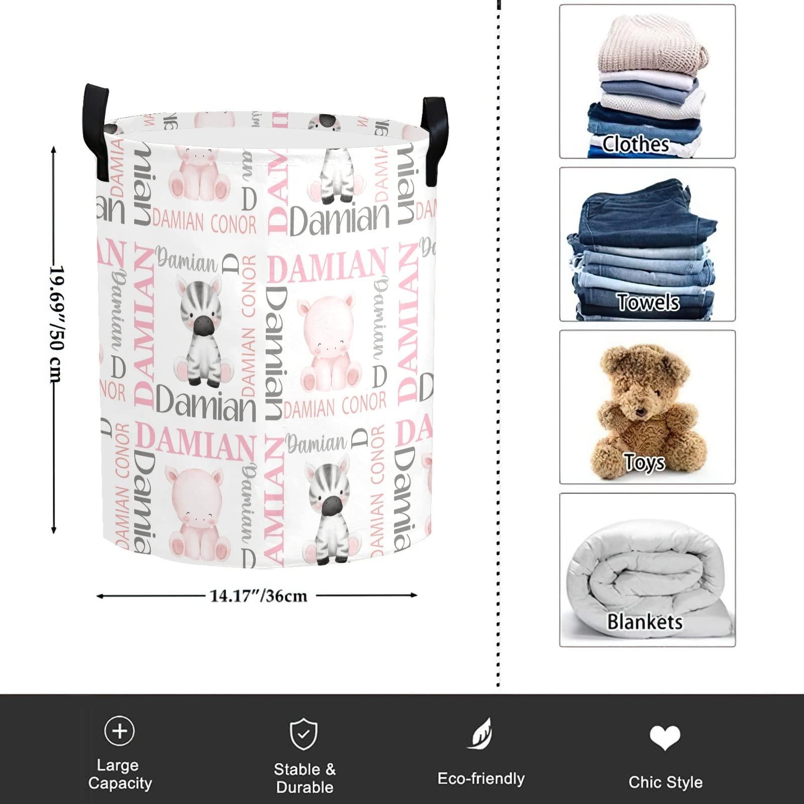 Deven Personalized Laundry Basket Hamper,Hippo Zebra Name Text,Collapsible Storage Baskets with Handles for Kids Room,Clothes, Nursery Decor