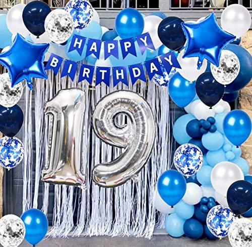 JumDaQQ 19th Birthday Party Decoration for Boys, Happy Birthday Banner Blue Number 19 Birthday Balloons 19th Birthday Latex Confetti Balloon for Boys Him Son 19 Years Old Birthday Decoration Supplies(19th)